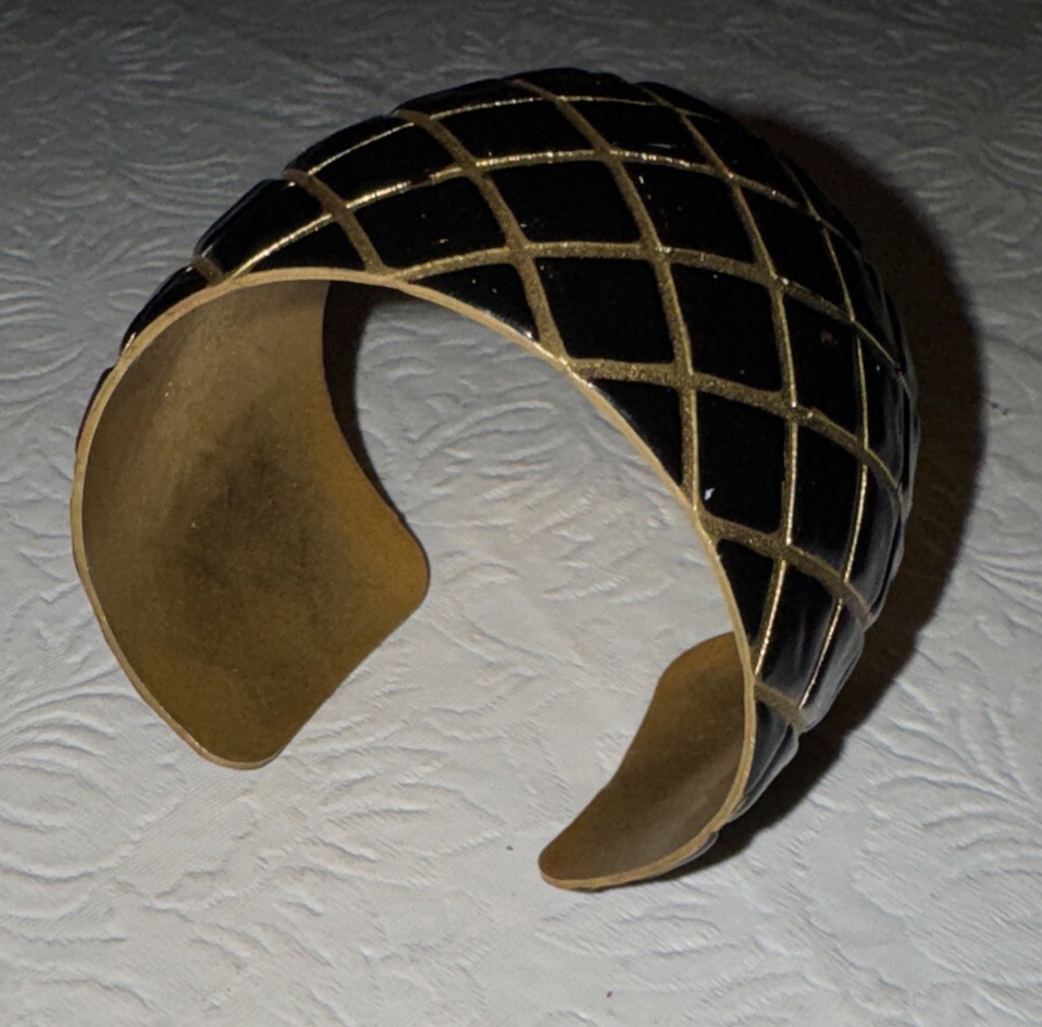 Wimberly Cuff Bracelet Quilted Enamel Black Gold Crosshatch Fortunoff New Vtg