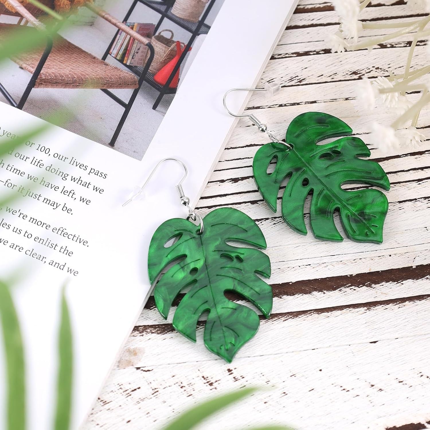 Green Monstera Leaf Earrings Acrylic Palm Plant Drop Dangle Tropical Jewelry Wom