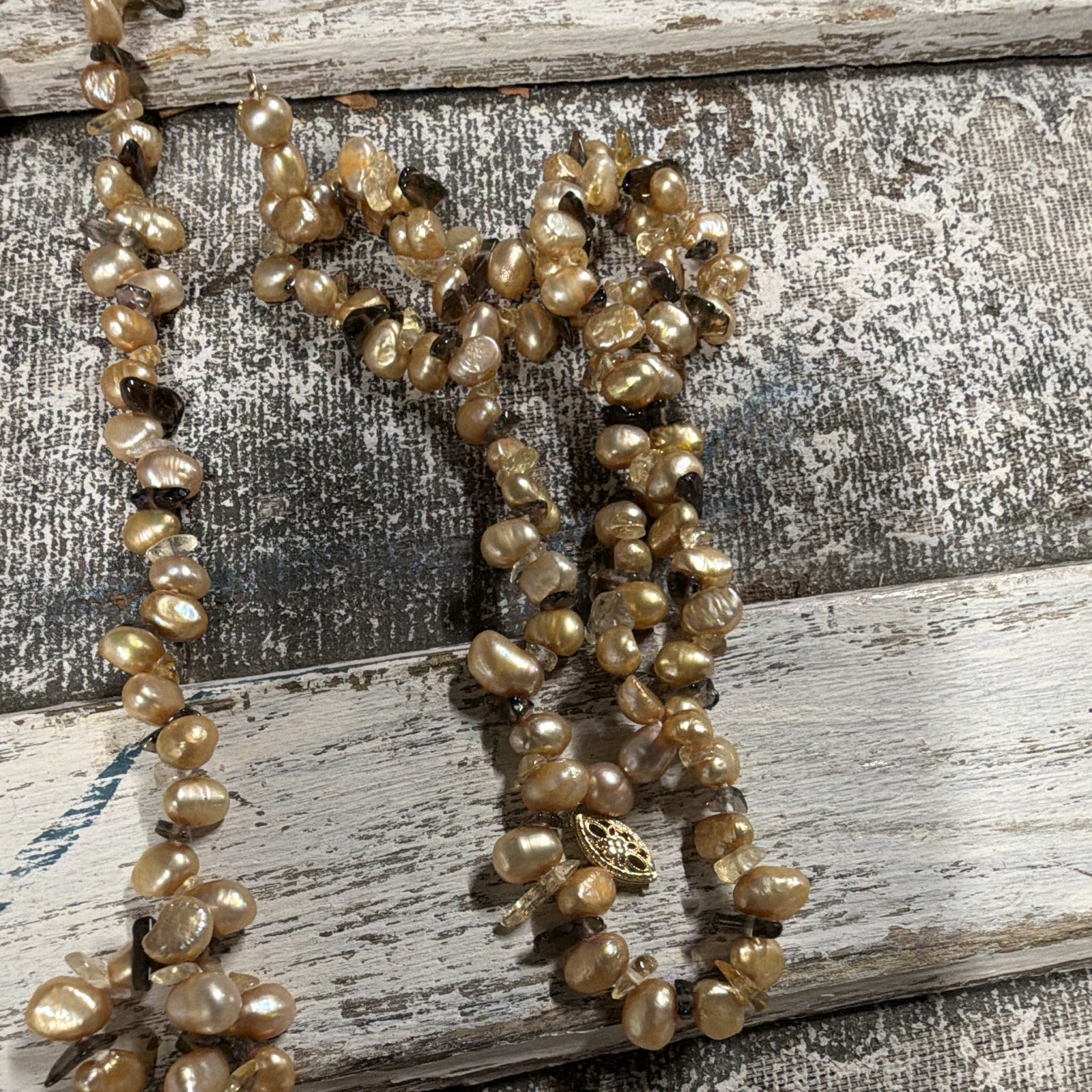 Artisan Champagne FW Pearl & Smokey Quartz Bracelet and Necklace 14K Yellow Gold