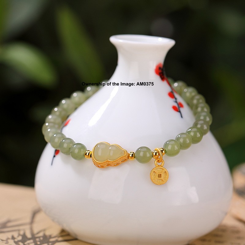 Natural Green Jade Nephrite Bead 925 Silver Gourd Women’s Bracelet 14-16cm