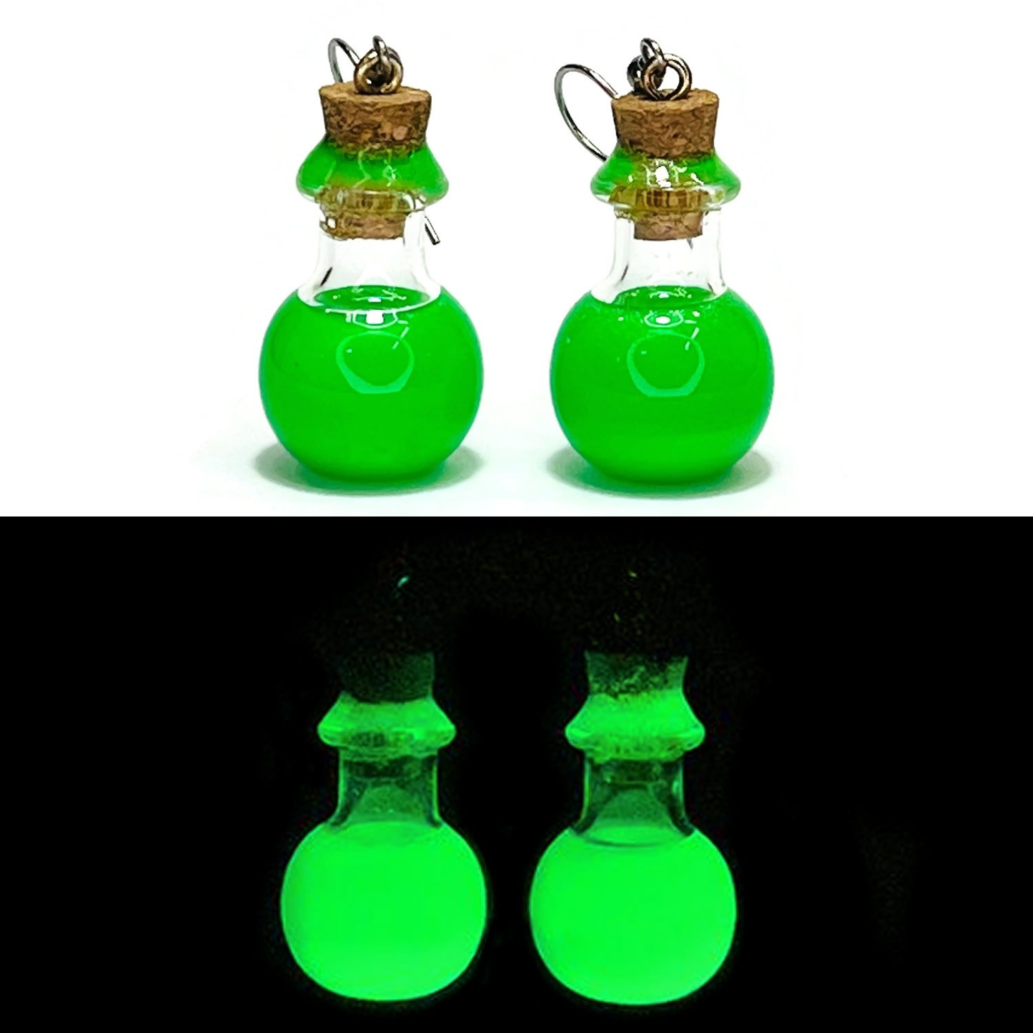Miniature Potions Bottle Green Glow in the Dark Earrings