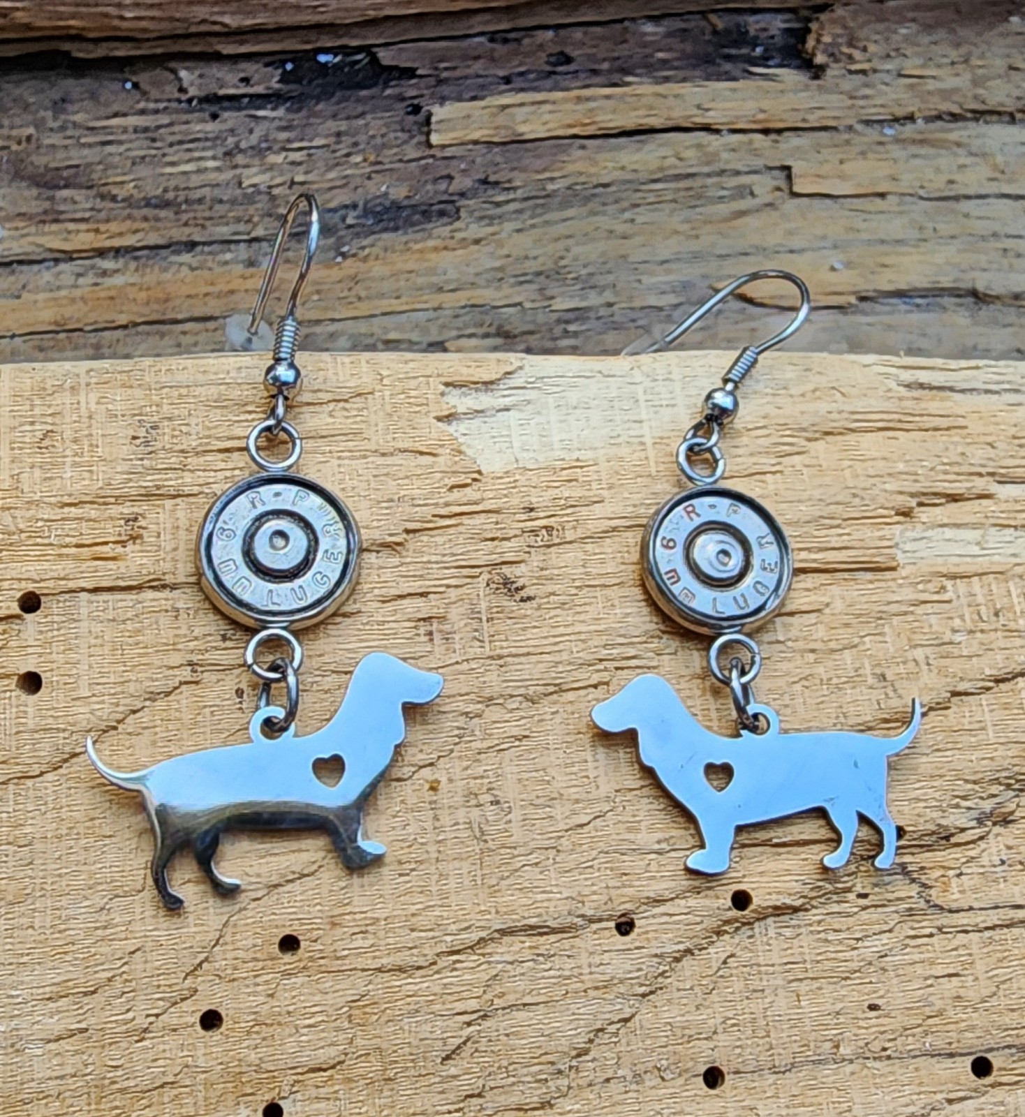 Stainless Steel Bullet Earrings with Dachshund Charms. Optional Crystals.