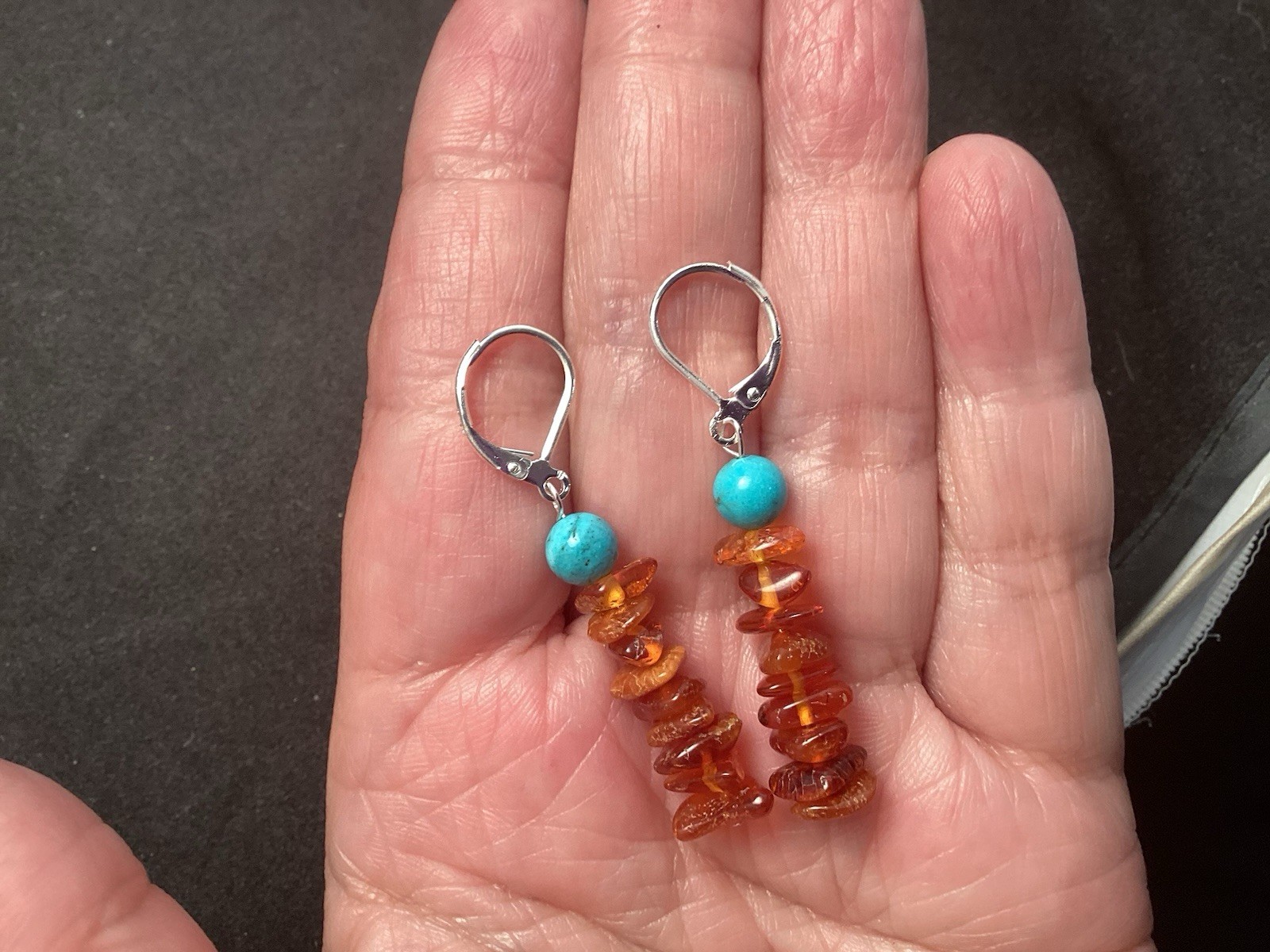 Sterling Silver Turquoise and Amber Beaded Lever back Earrings