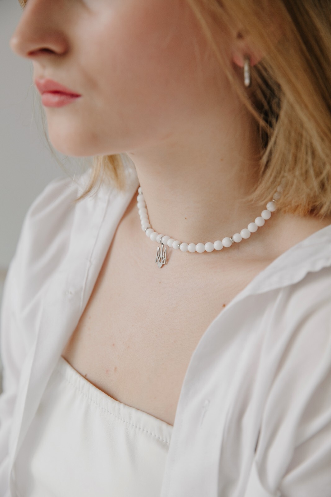 Ukrainian Gemstone Necklace with Tryzub Pendant white jade Trident white Choker