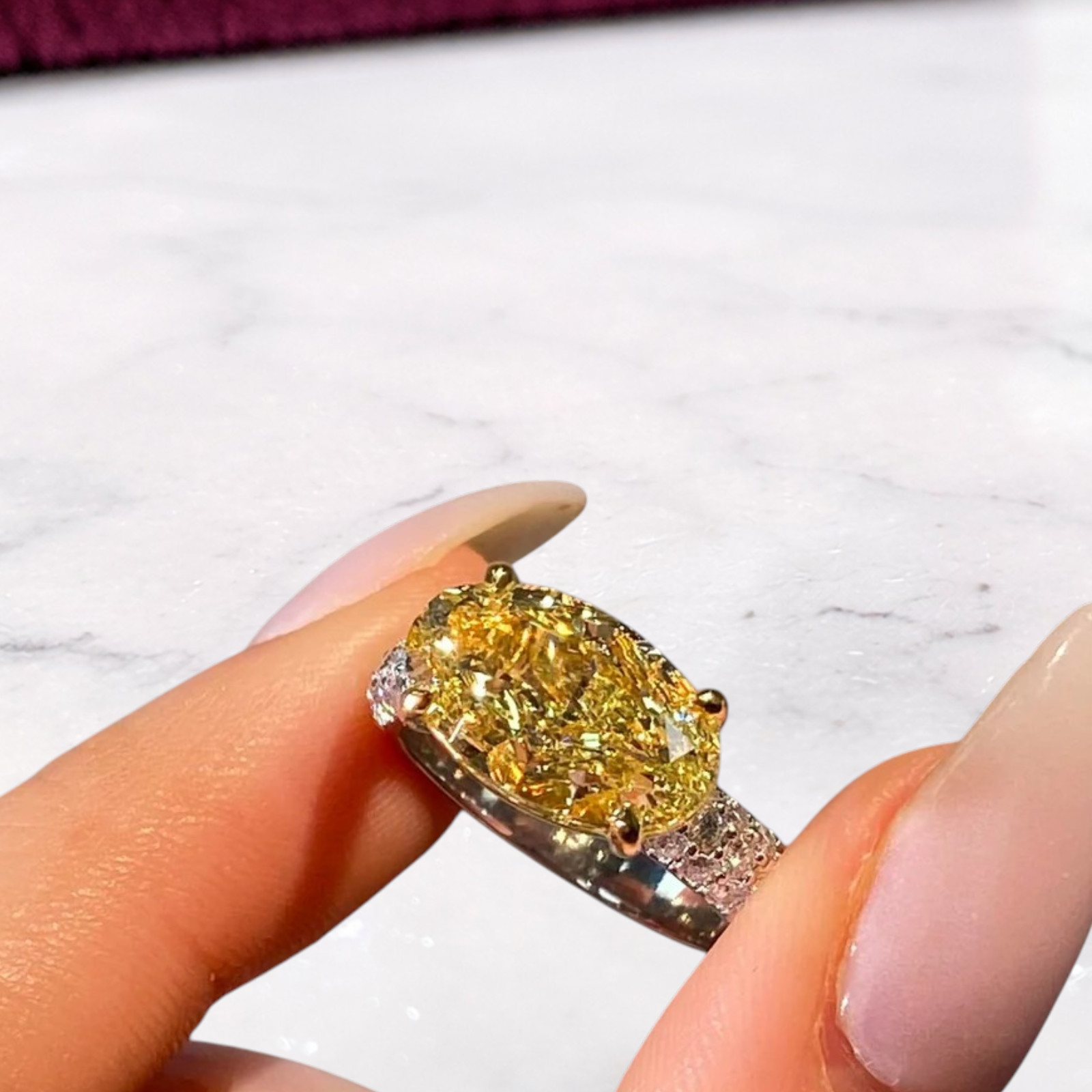 14K Multi Gold Diamond Ring Fancy Vivid Yellow IGI Lab Created 5.40 CT Oval Cut