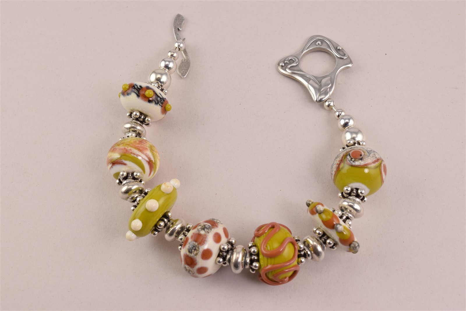 Chunky Sterling Silver Ornate Ceramic Bead Statement 925 Toggle Bracelet 50g 8″
