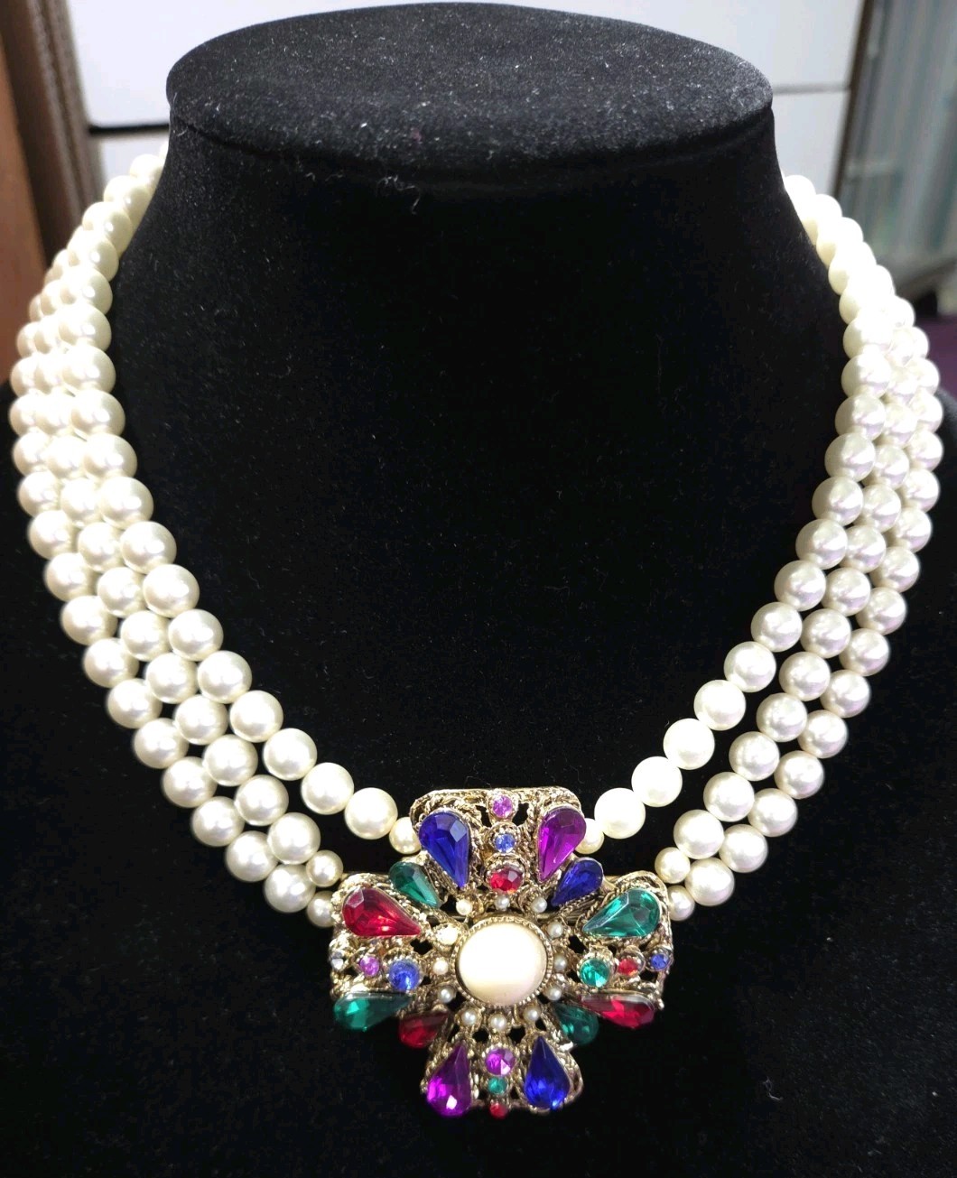 Retro 80s Maximalist Multi Gem Rhinestone Triple Strand Pearl Necklace Set