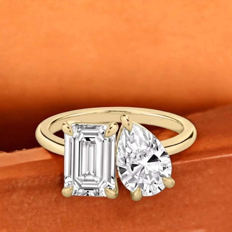 White Moissanite 2.40 Ct Pear & Emerald Cut Engagement Ring 14K Yellow Gold FN