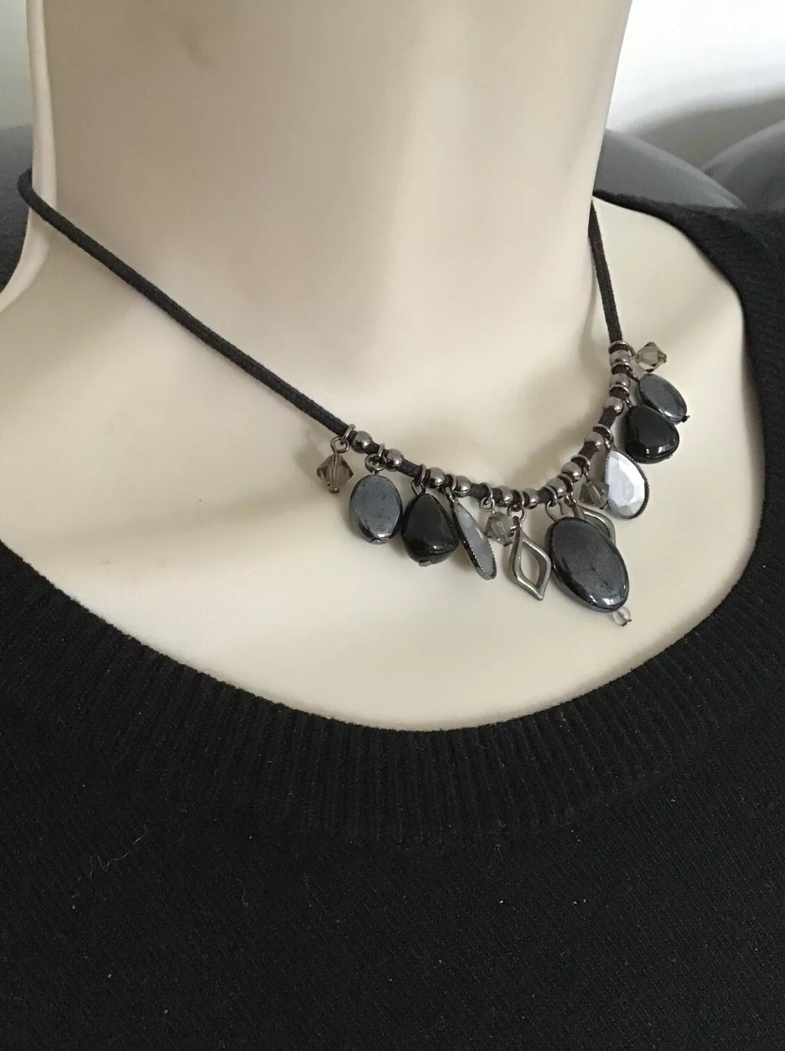 NEXT Necklace Diamanté & Beads on black Cord Lovely 36cm F1