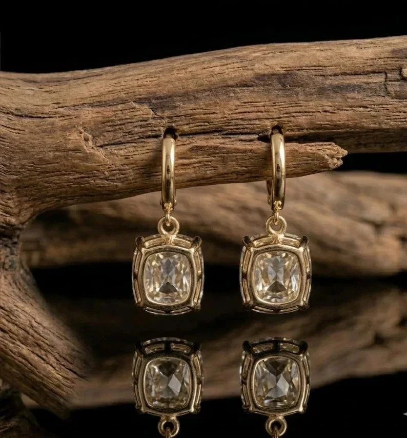 4.00 Ct Cushion Cut E-VS1 Lab Grown Diamond Drop Dangle Earrings 14K Yellow Gold