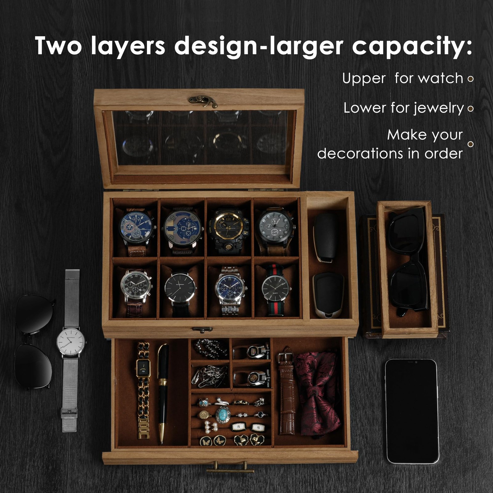 Watch Box with Tray, 2-Tier Watch Case for Large Dial Watches, 8-Slot Watch D…