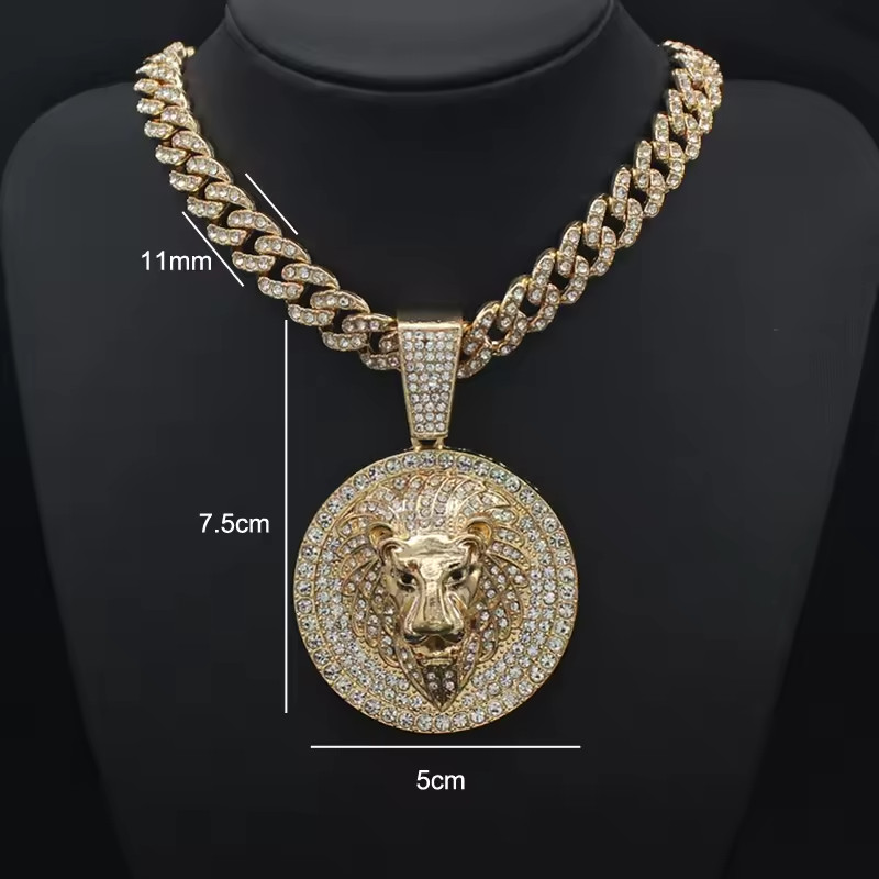 Lion Head CZ Hip Hop Medal Large Pendant & 13mm 20″ Iced Cuban Chain Necklace