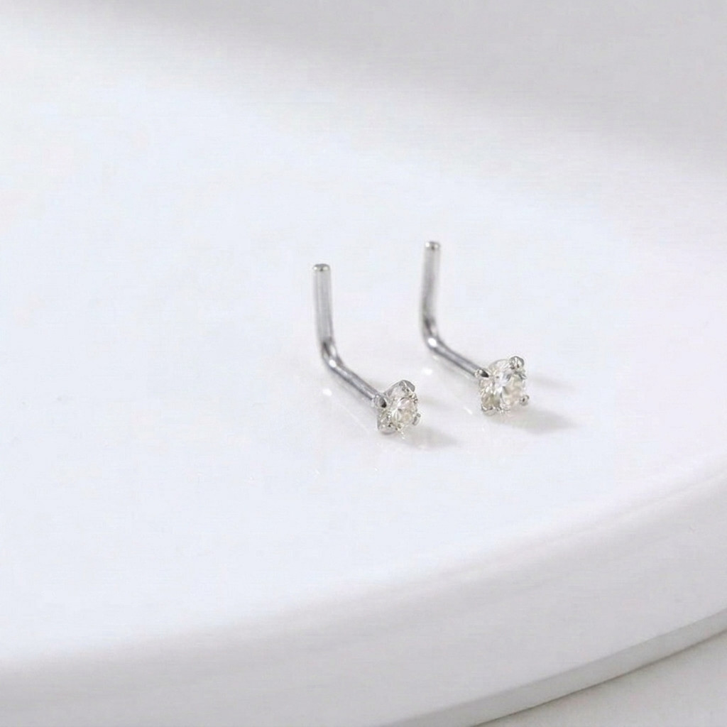 0.04 Carat Round Natural Diamond L – Shape Nose Ring In 14K Gold – 20 Gauge
