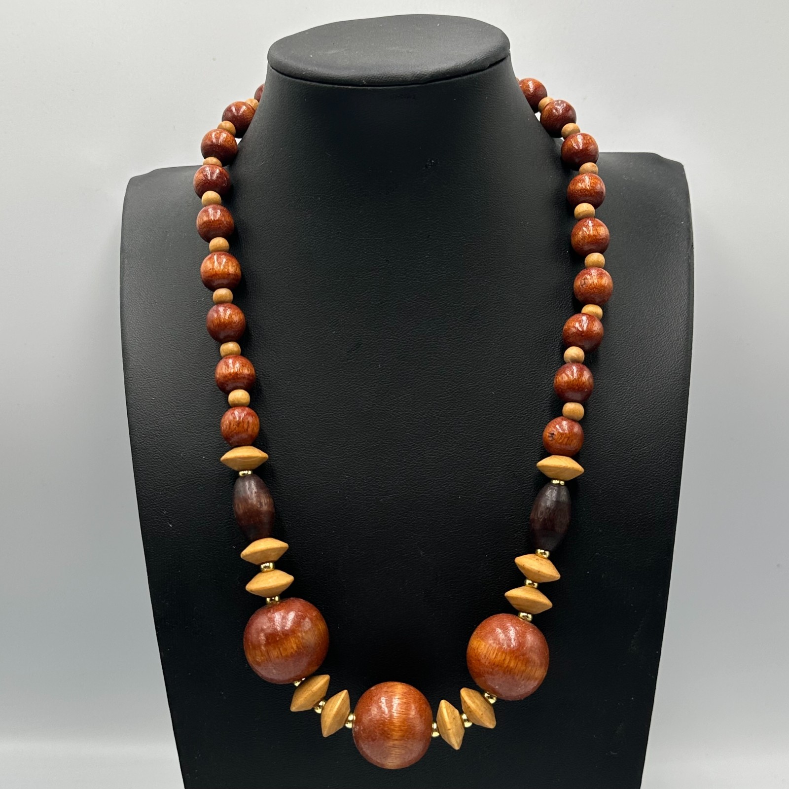 Vintage Wood Bead Necklace Brown Tan Graduated Round Barrel Beads 20 Inch
