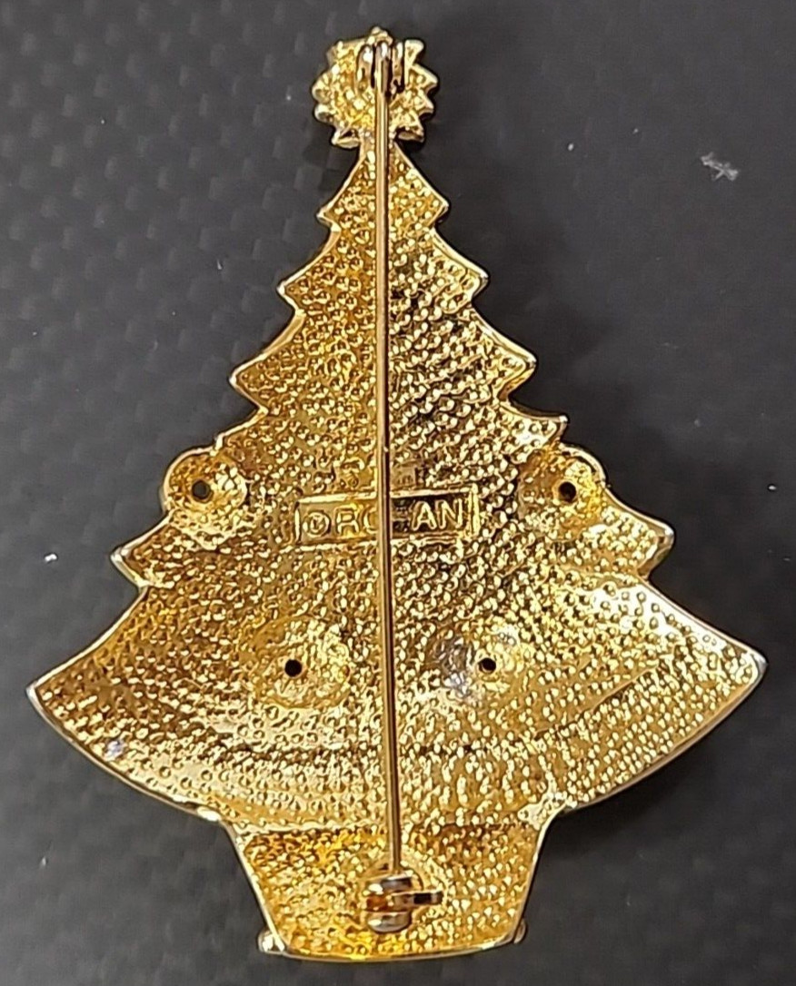 Brooch Christmas Tree Green Gold White Red Holiday Enamel or Metal Pin 2 1/2″