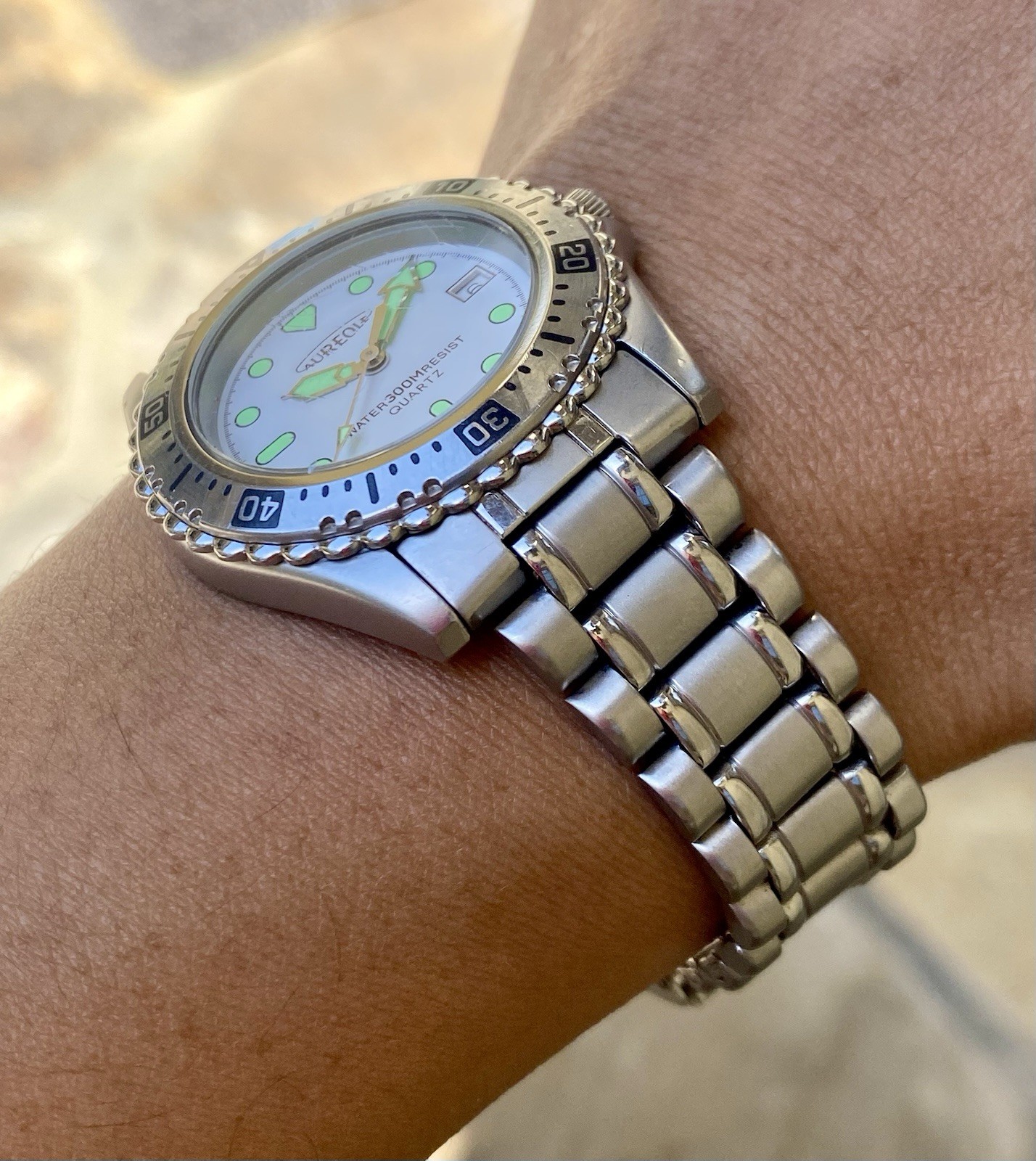 Vintage 1990s Aureole Swiss Quartz Diver Watch 36mm Stainless Steel Sandblasted
