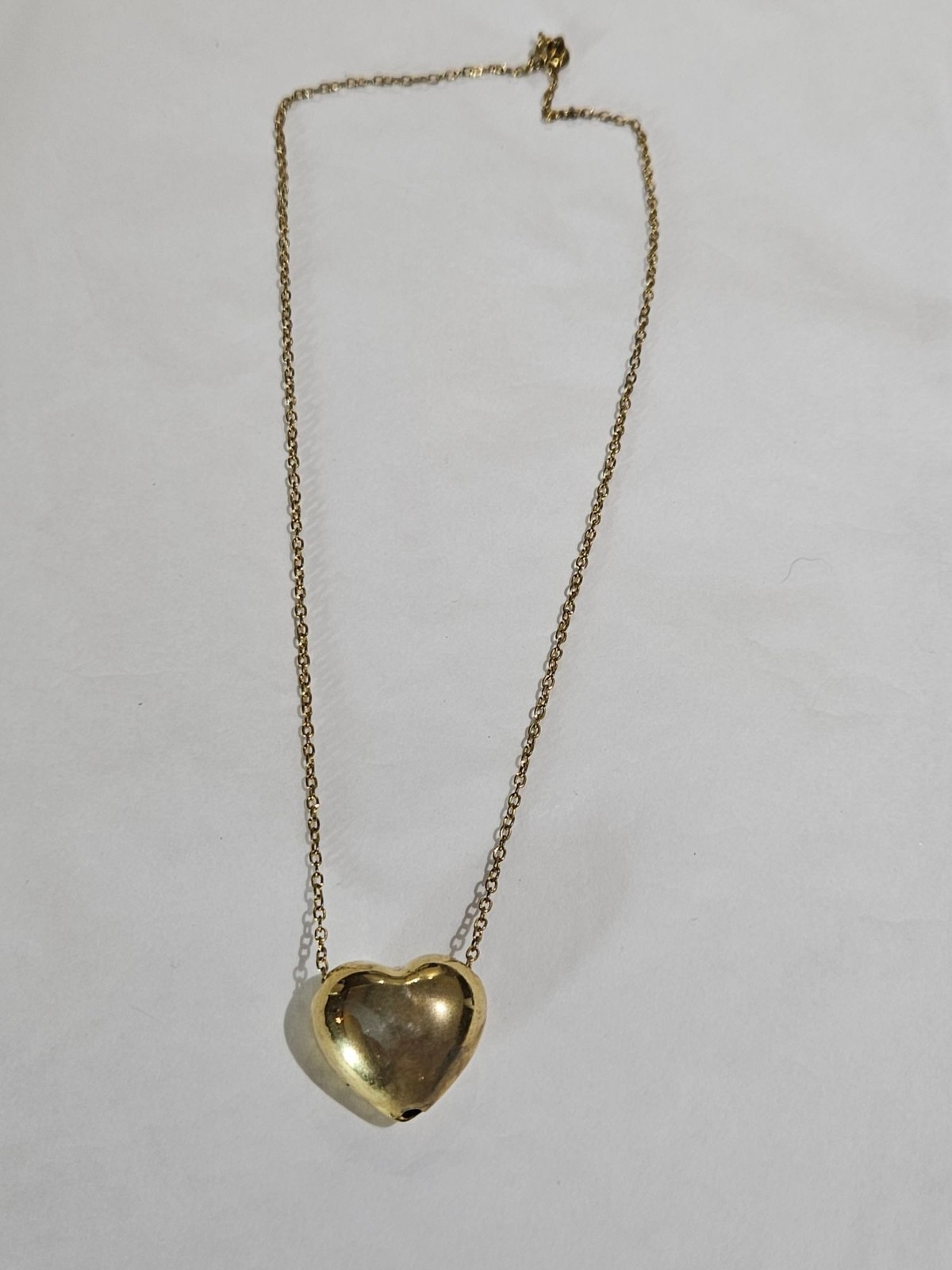 Vintage Goldtone Metal Puffy Heart Necklace Spring Ring Clasp Metal Wear 15 in