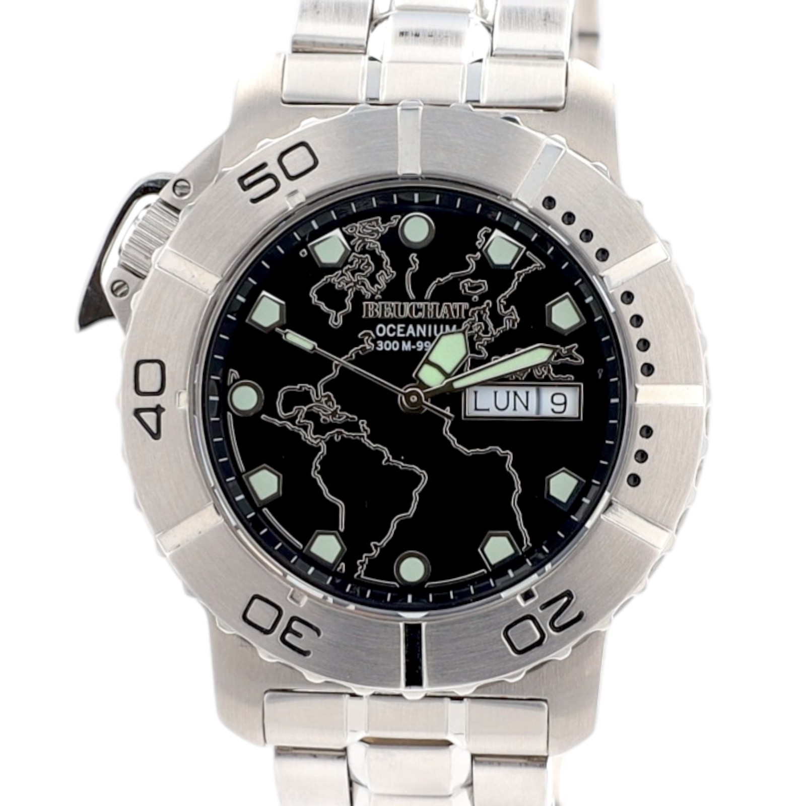 Beuchat Oceanium Mens Watch 300M Diver World Map Dial Swiss Steel Day Date