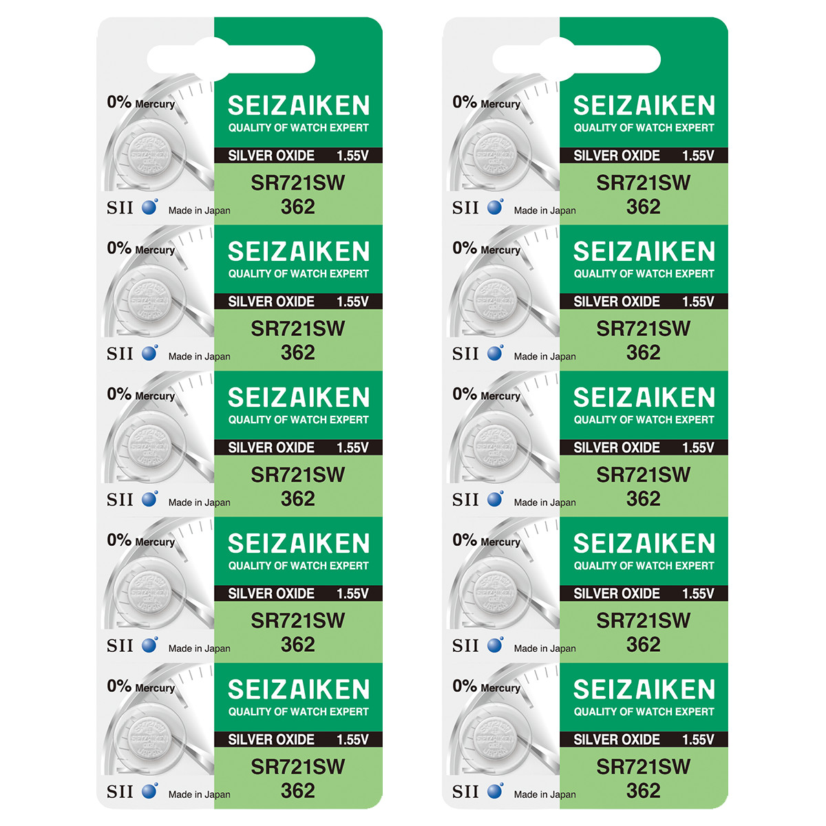 Seizaiken 362 SR721SW 1.55V 0%Hg Silver Oxide Watch Battery (10 Batteries)