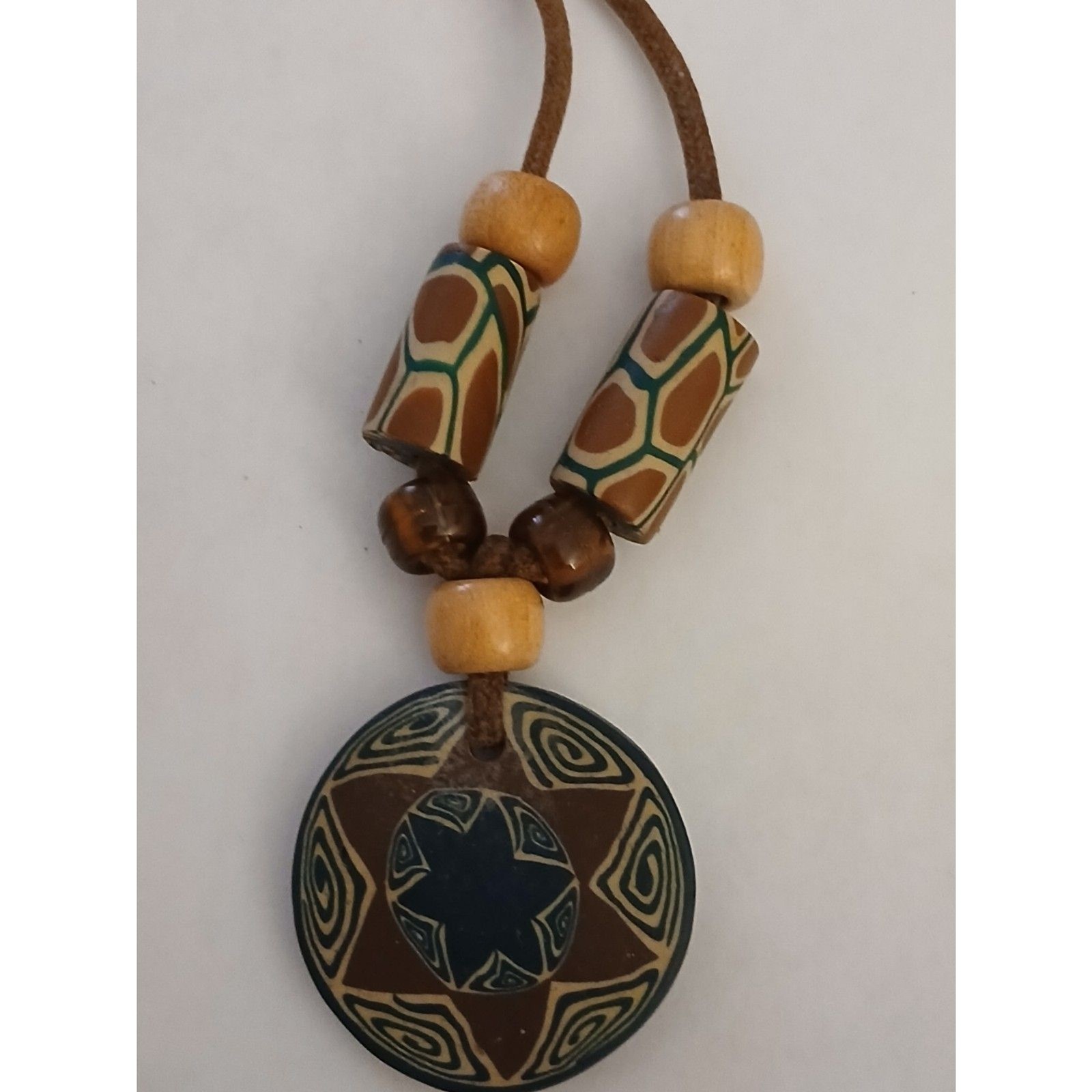 Boho Tribal Style Pendant Necklace Wood & Clay Beads Brown Tan Adjustable Cord