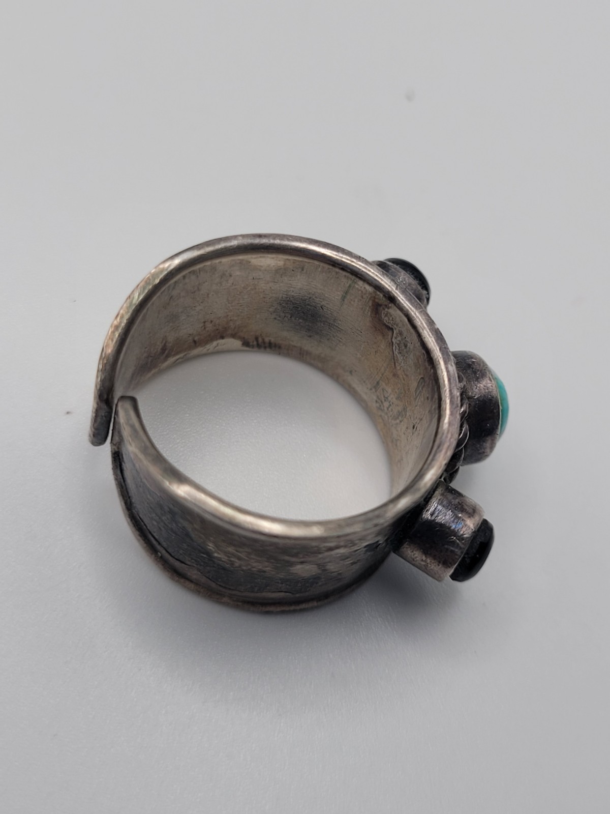 925 Sterling Thailand Ring Size 6 Adj Turquoise Handmade Wide Band One of a Kind