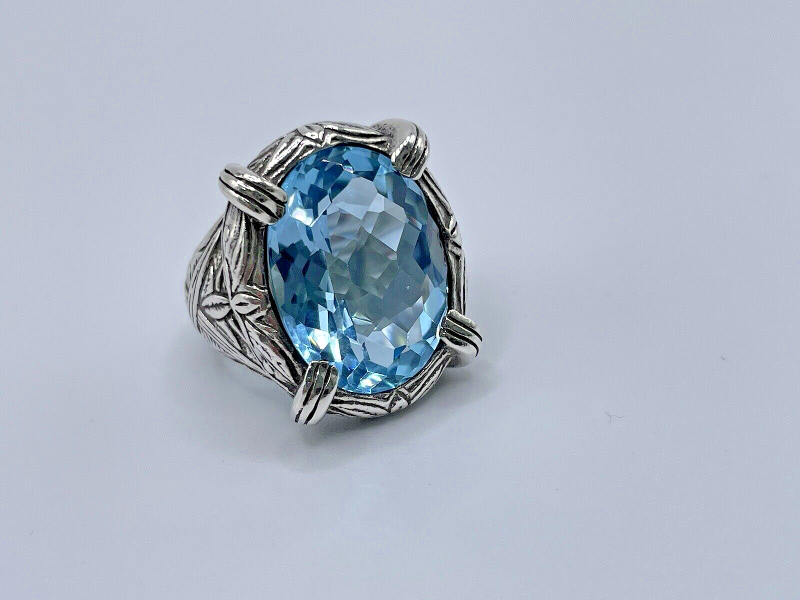 Stephen Dweck Faceted Blue Topaz Ring in Engraved Sterling Silver