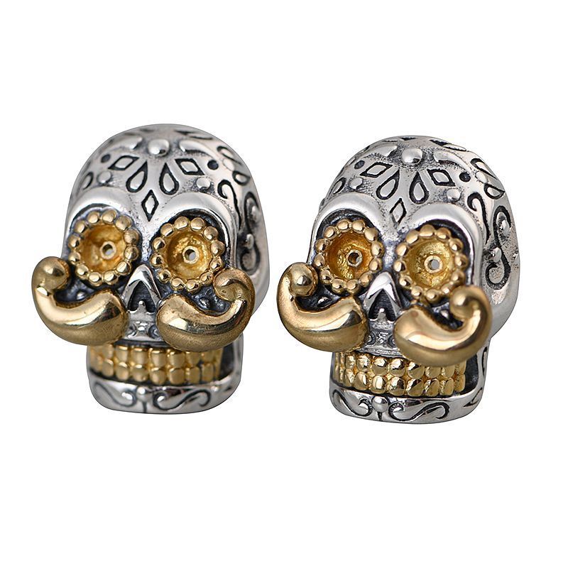 Sterling Silver Sugar Skull Earrings Copper Mustache Studs Day of Dead Jewelry