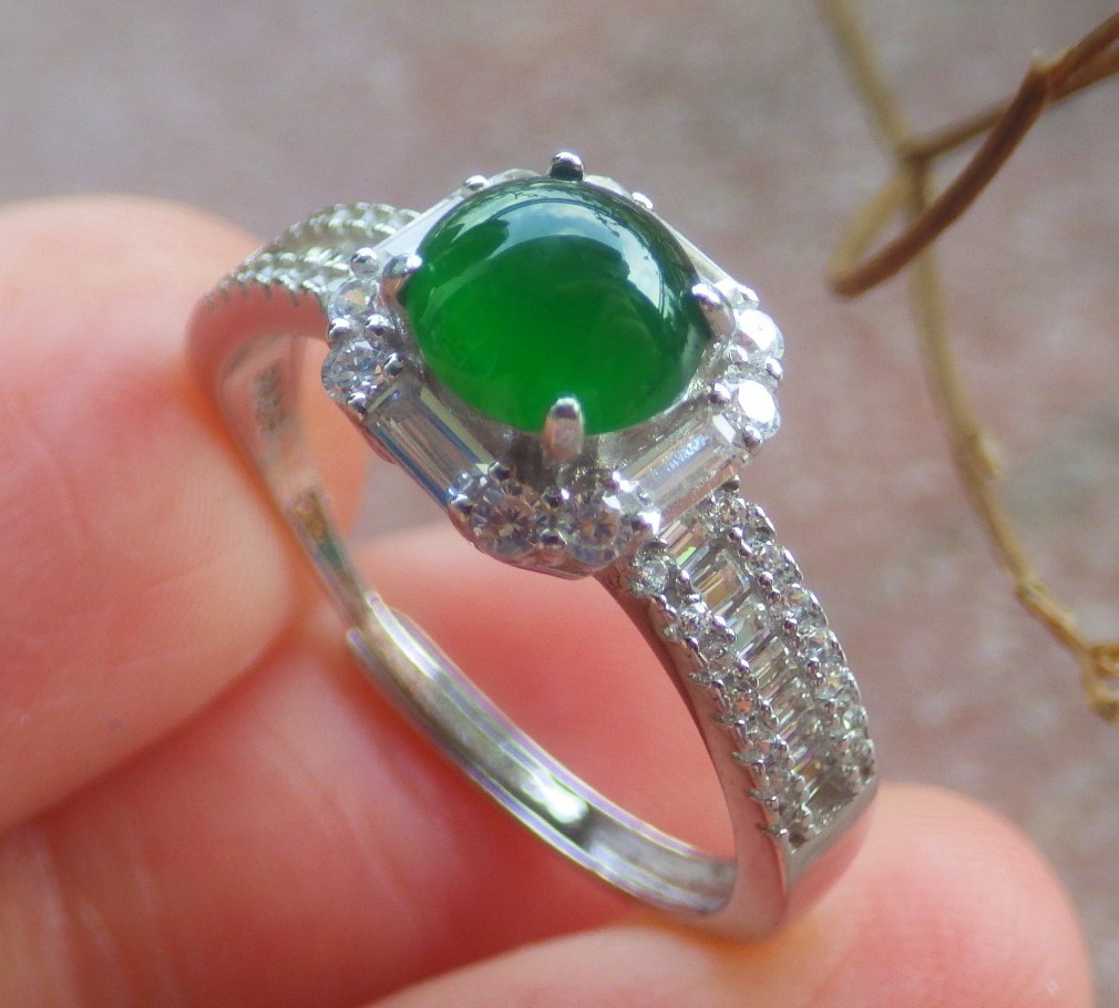 Video Sterling Silver 925 Green A Jade jadeite Cabochon Ring No 8 # 133622 VS