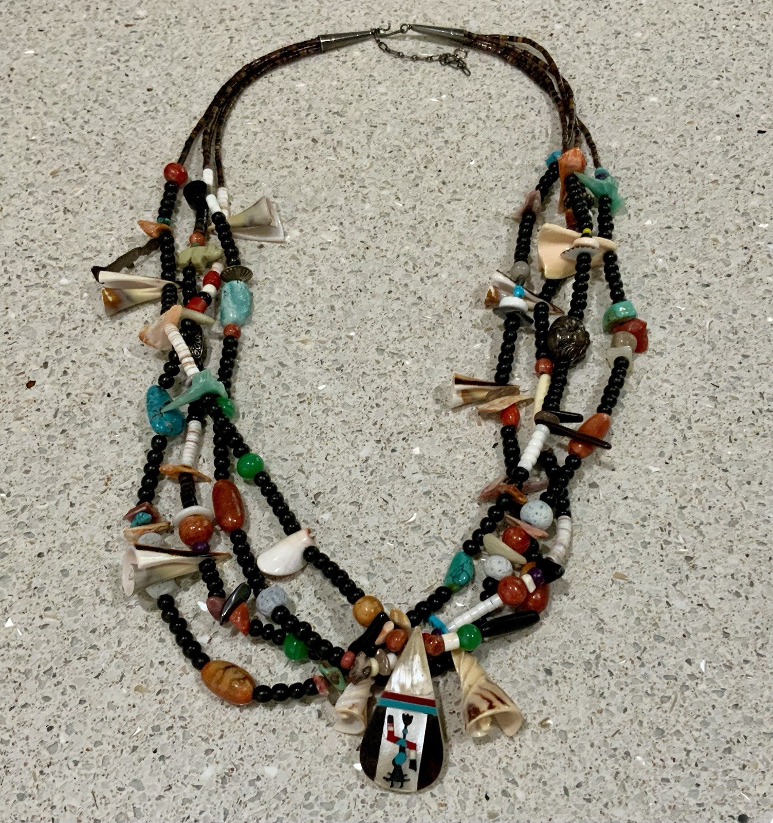 Multi-Strand Native American Style Fetish Necklace Carved Animals Stones & Shell