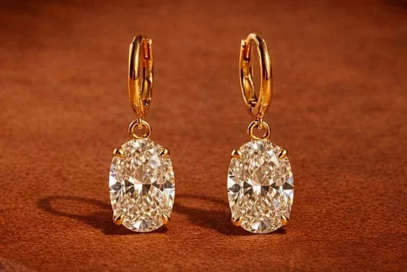 4 CT Oval EF-VS1 Lab Grown Diamond Drop Dangle Women Earrings 14K Yellow Gold