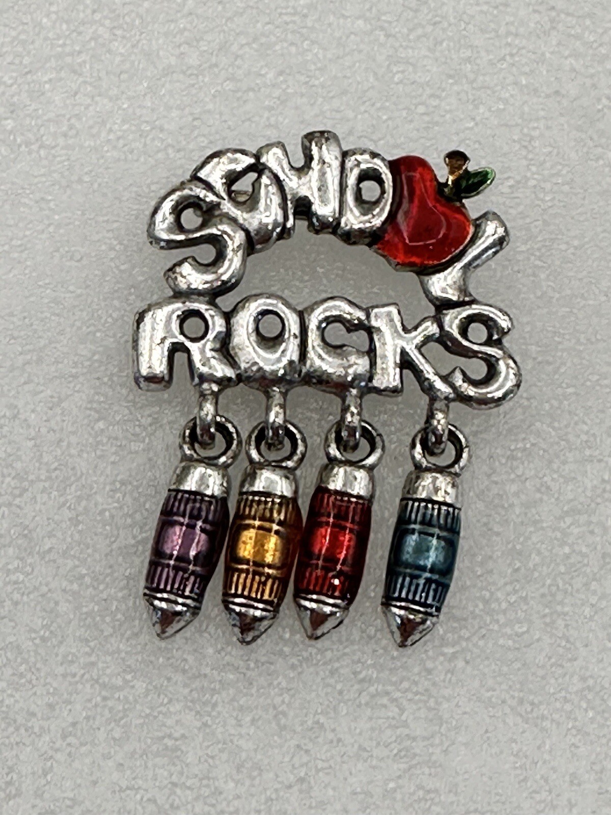 AJMC School Rocks Brooch With Hanging Crayons & Apple Vintage Enamel On Metal
