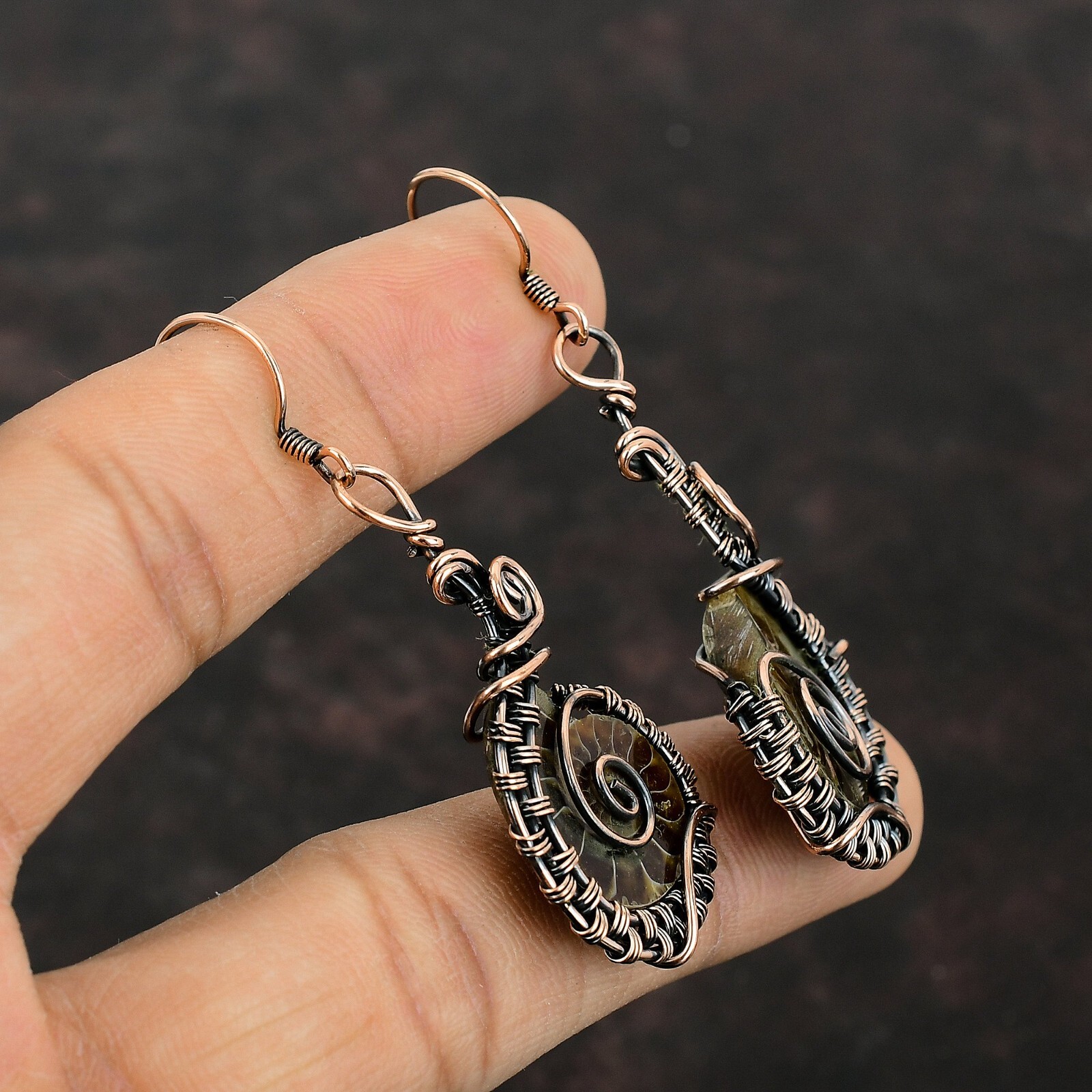 Women Day Gift Ammonite Fossil Copper Wire Wrapped Drop/Dangle Earrings 2.36″