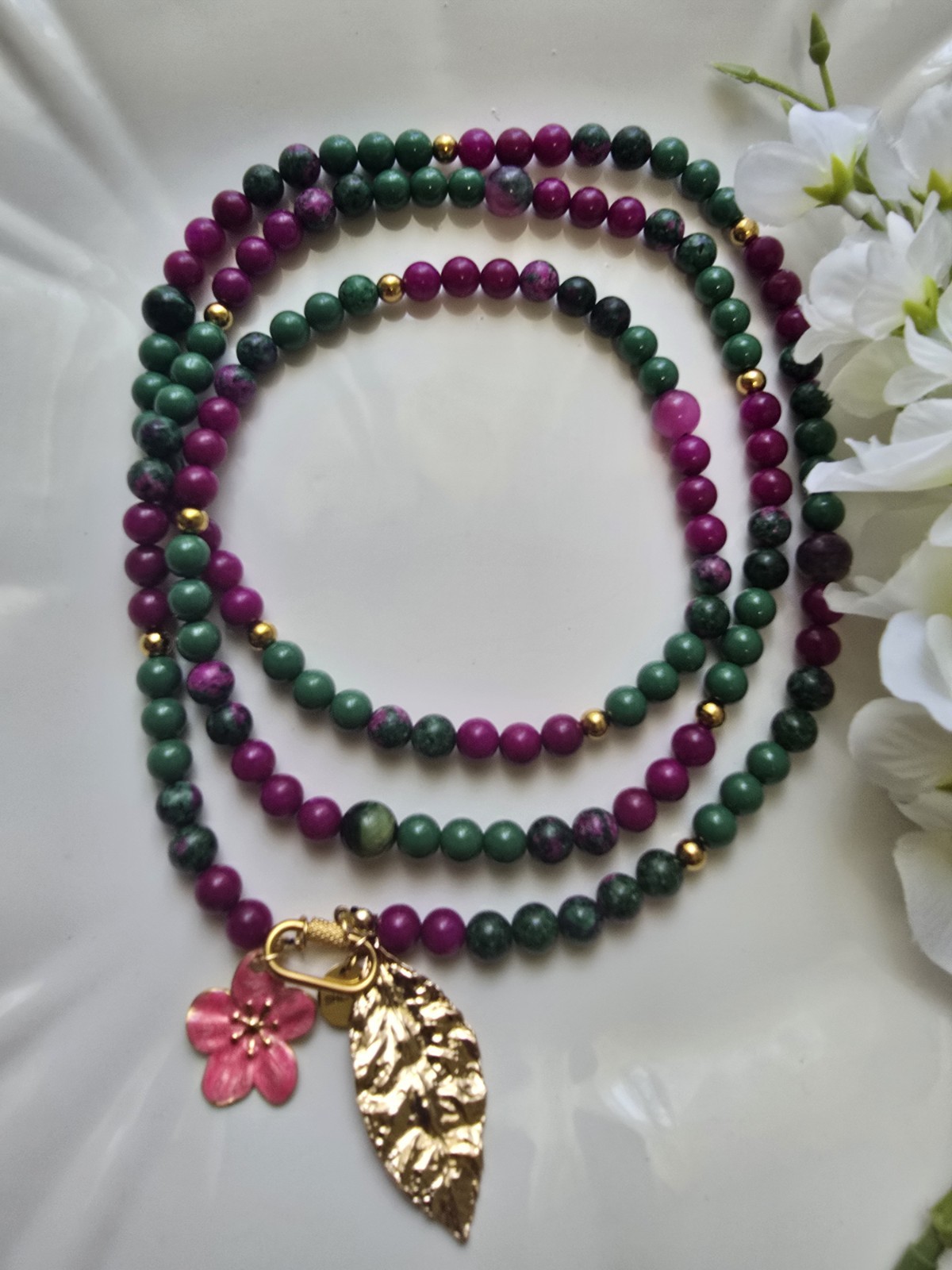 Green & Purple Stone Beaded Necklace w/ Gold Tone Leaf & Pink Flower Charms
