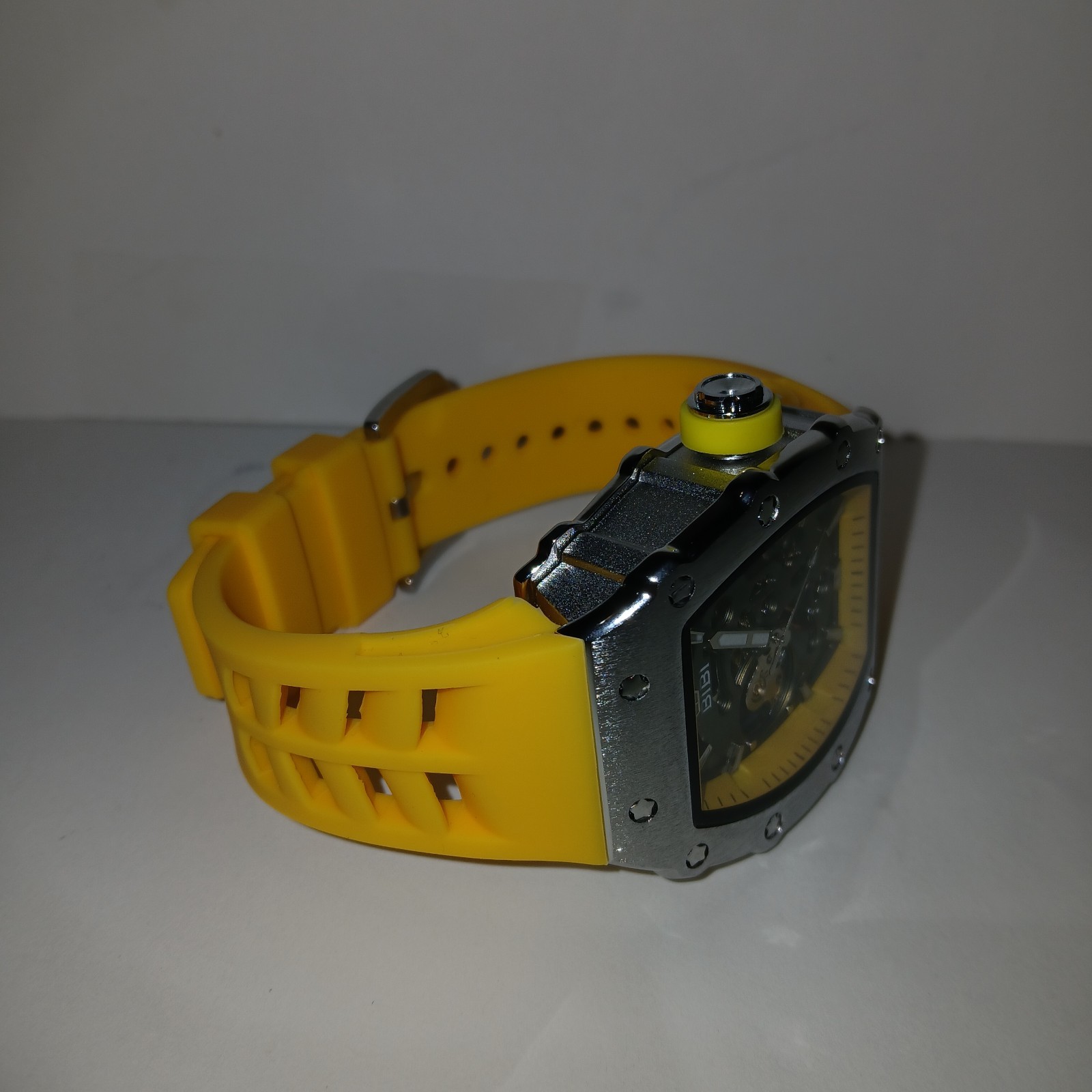 BiBi Automatic Watch Grey Yellow Dial Sivler Case Yellow Strap B0395
