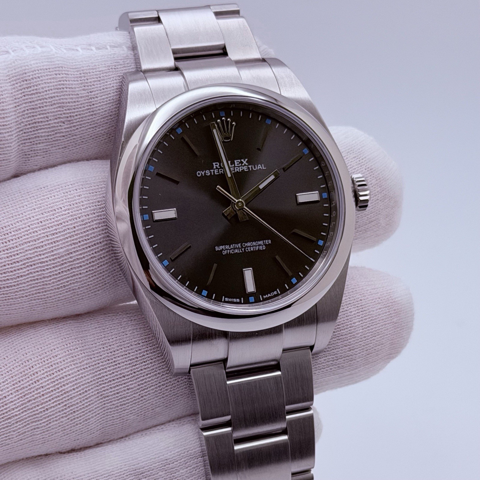 Rolex Oyster Perpetual 39 114300 39mm Dark Rhodium Dial Stainless Steel Box Tags
