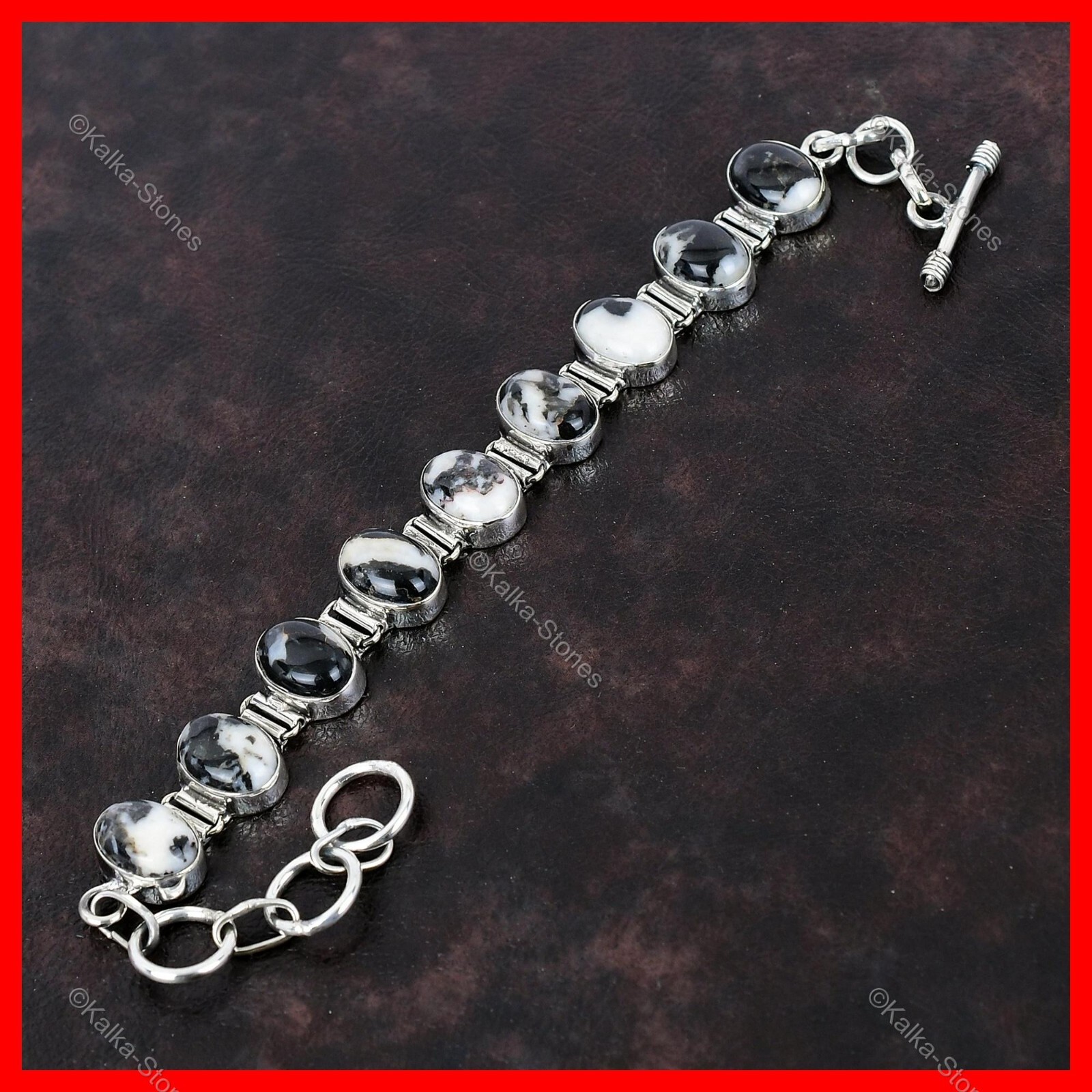 925 Sterling Silver White Buffalo Turquoise Stone Chain Bezel Bracelet Jewelry