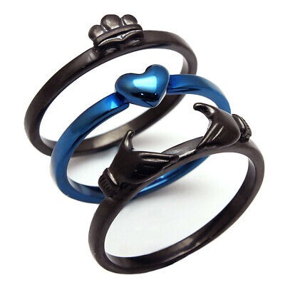 Claddagh Ring Stainless Steel Thin Black IP and Blue IP Line 3 Pc Set Sizes 5-12