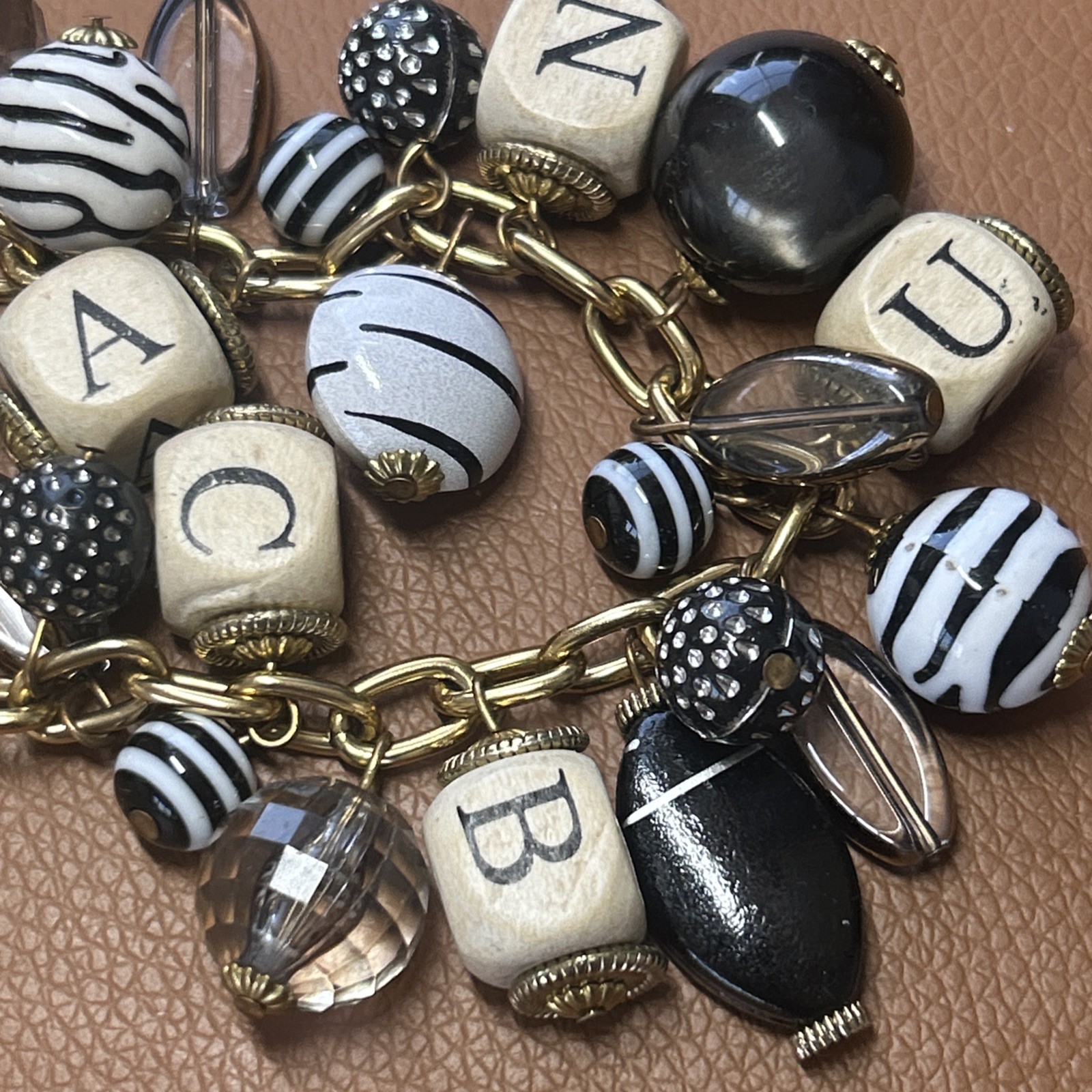 Lenora Dame Wood Block Alphabet Letter Charm Bracelet Black Zebra SHIPS FREE