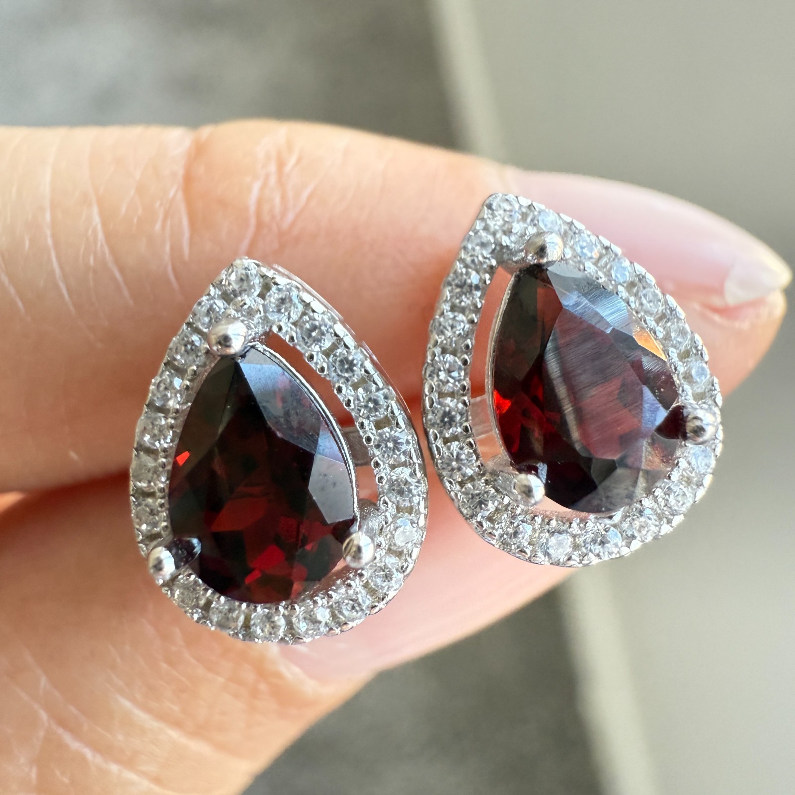 925 Sterling Silver Earrings 7x5mm Rhodolite Garnet Zircon Teardrop Handmade Red