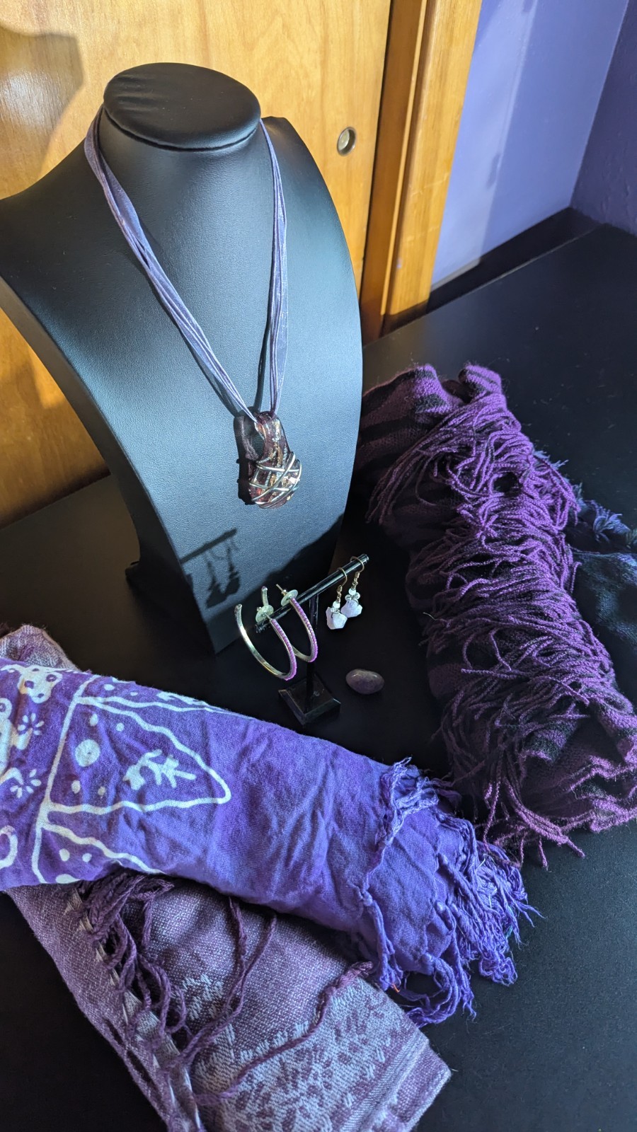 Purple Accessory Lot – 4 Scarves, Necklace, 2 Earrings, & Stone