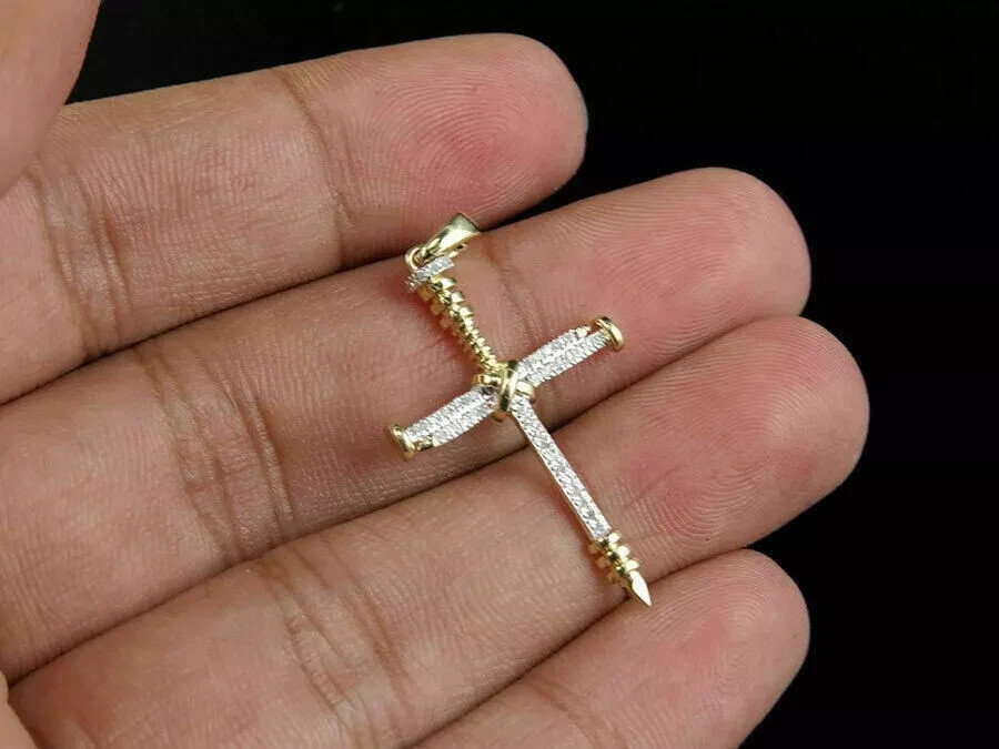 14K Yellow Gold Finish Nail Cross Pendant 0.50Ct 1.5 Inch Lab Created Diamond