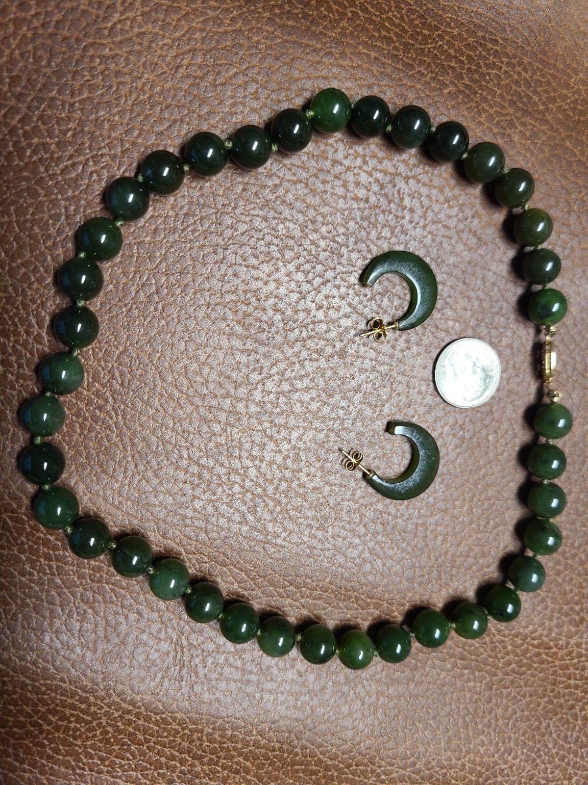 14K Yellow Gold Nephrite Jade Bead Necklace Earrings Set 16” 50g Vintage