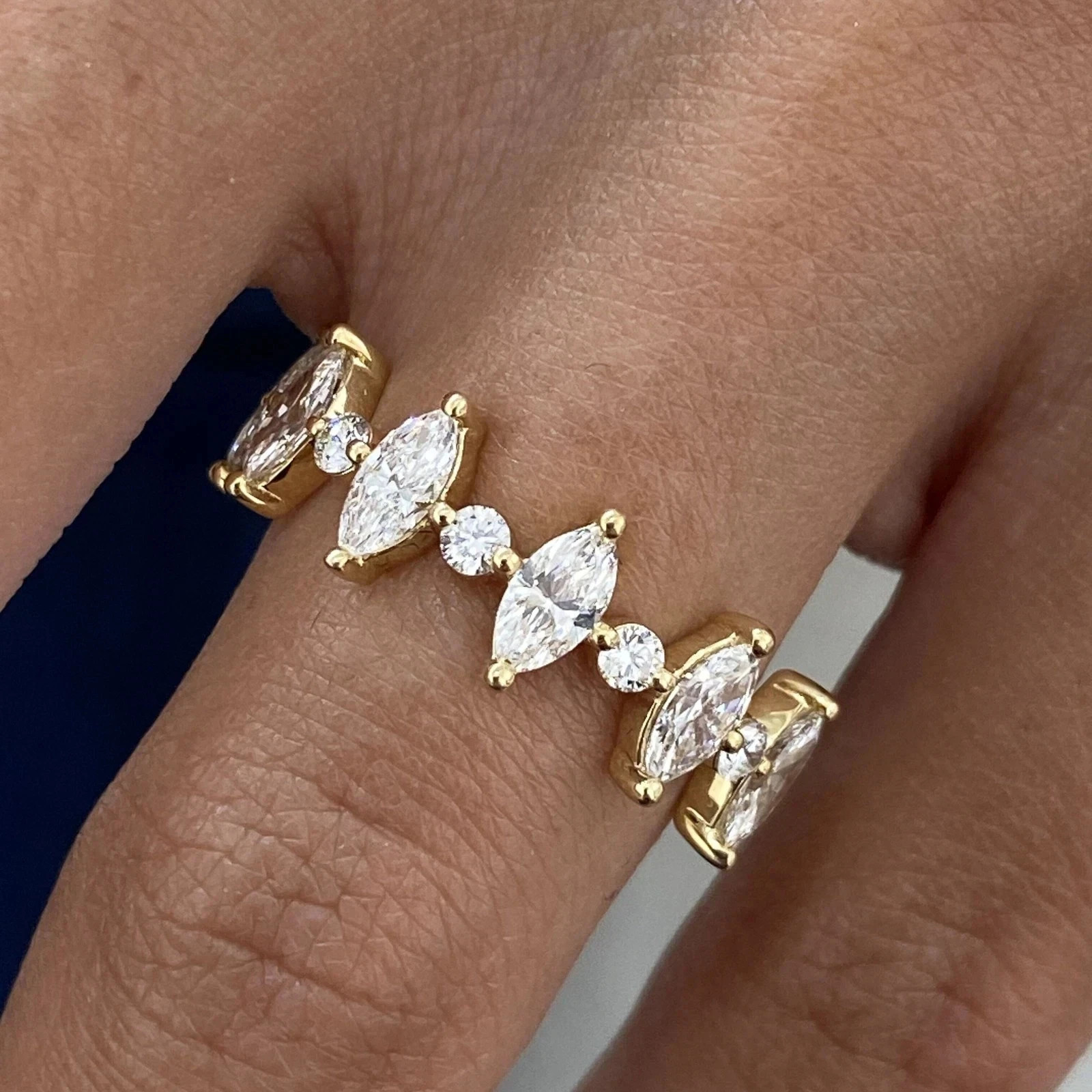 Round & Marquise Cut 0.75 Ct 14k Yellow Gold Diamond Band Lab Grown VVS E F CVD