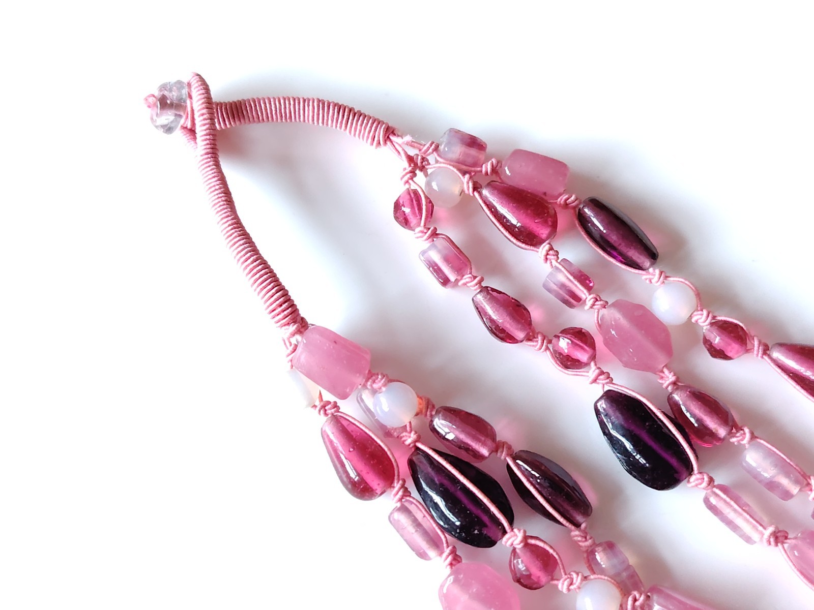 Pink Material Glass Bead Necklace Multi strand Mixed Shape Layering Toggle Clasp