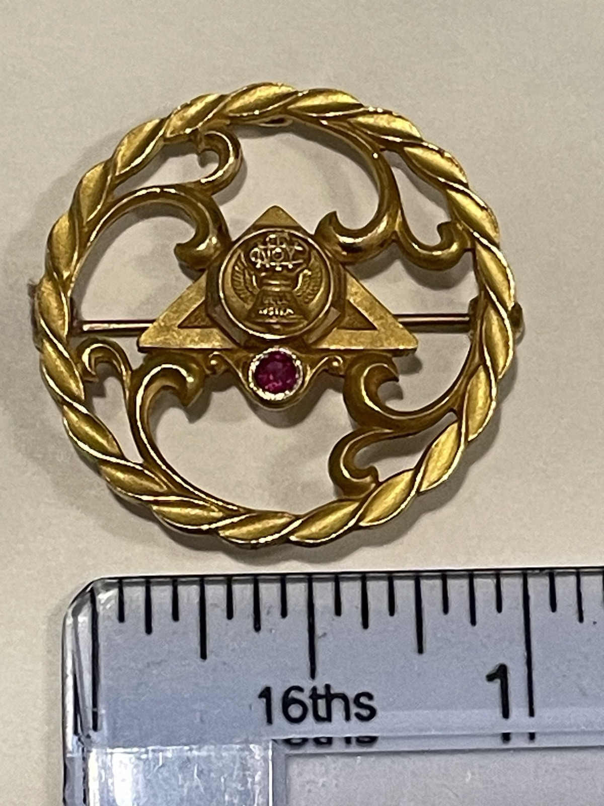 Vtg NTY Bell Systems 1/5 10k Gold Filled Ruby Pin Pendant Brooch