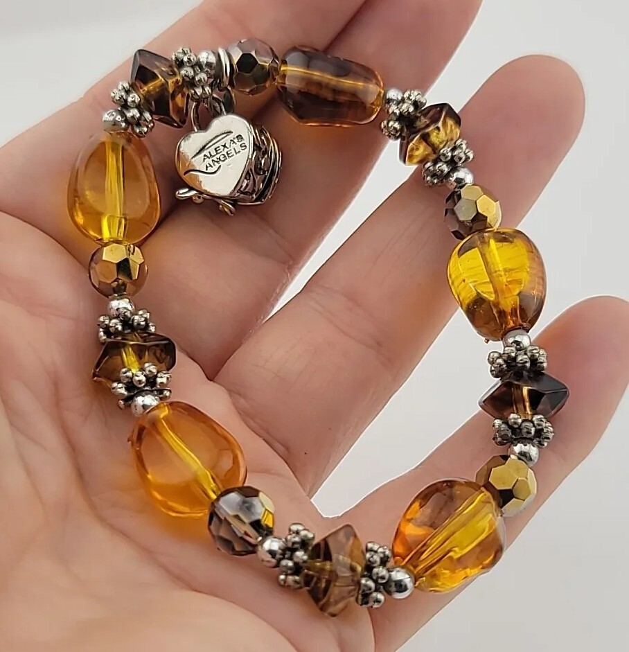 Alexa’s Angels Amber Color Beaded Heart Treasure Box 7″ Stretch Bracelet