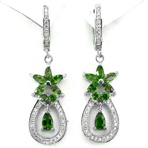 NATURAL GEM TOP RICH GREEN CHROME DIOPSIDE & WHITE CZ 925 SILVER DANGLE EARRINGS