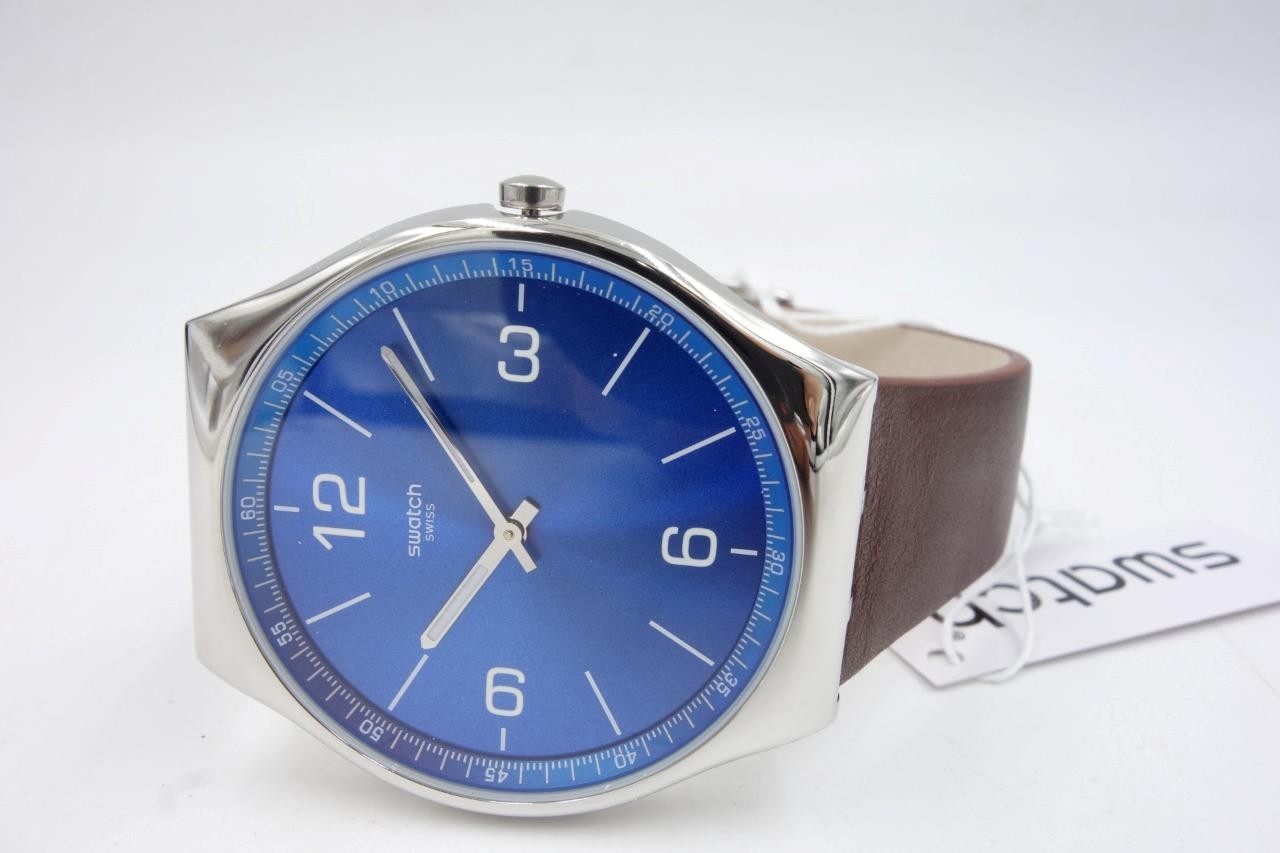 New Swiss Swatch SKINWIND Brown Leather Stainless Steel Watch 42mm SS07S101 $190
