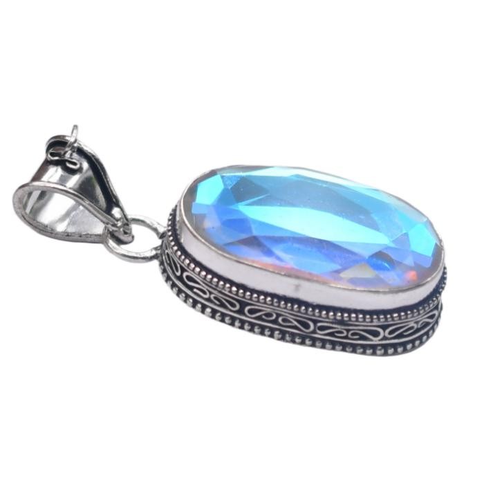 Mystic Topaz Hydro Gemstone Antique Silver Plated Pendant 2″ J 2138