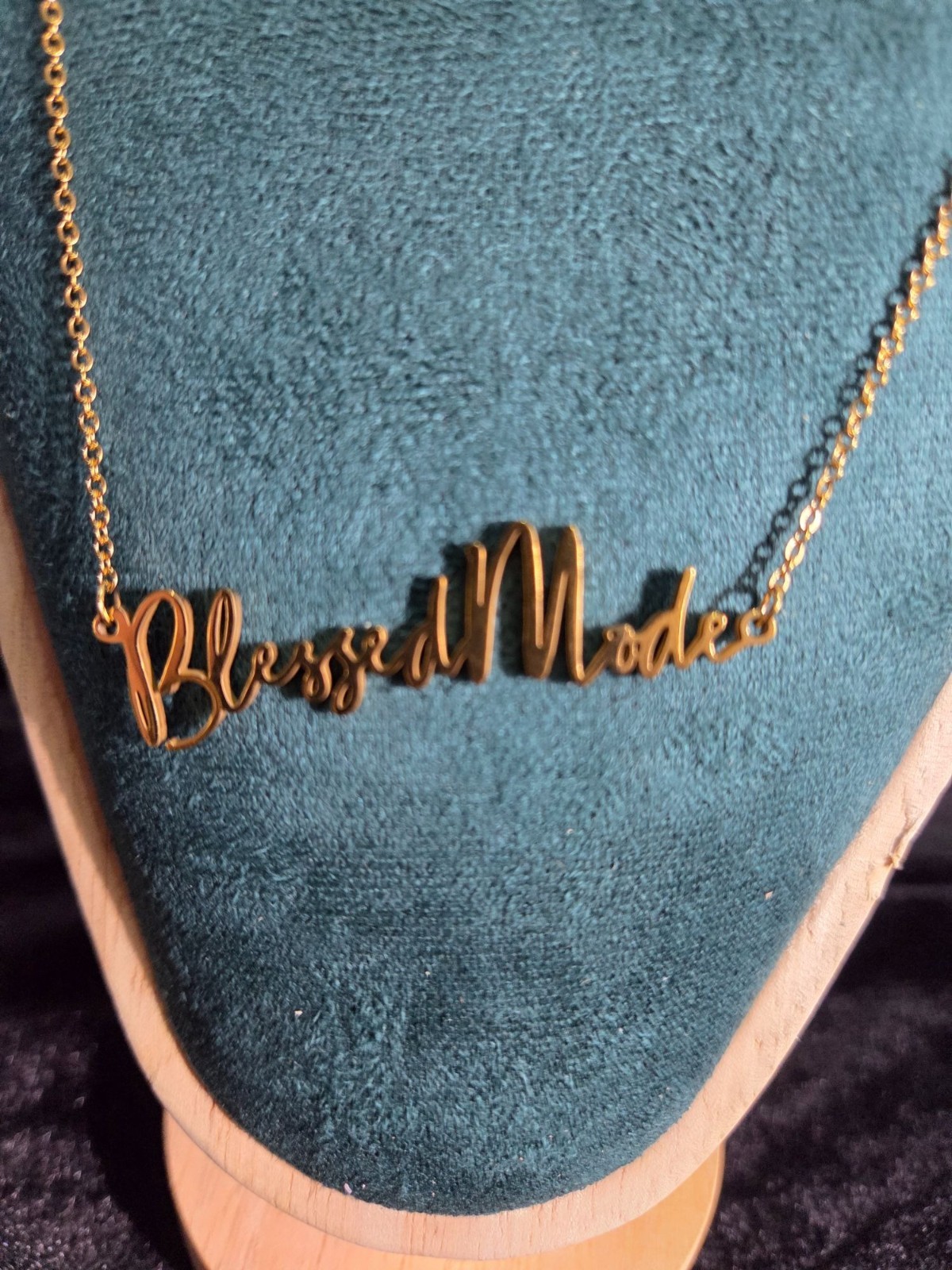 Izzy & Liv “Blessed Made” Gold Tone Script Pendant Necklace 18″ Adj Chain